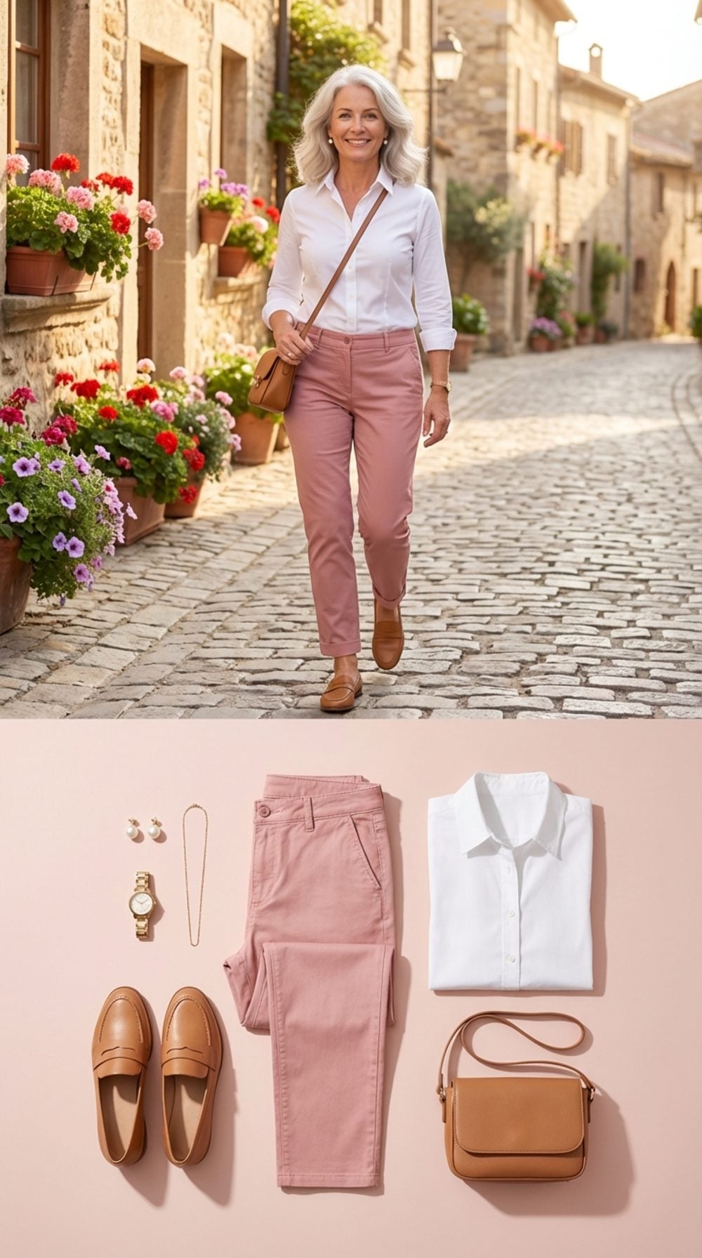 Cobblestone Afternoon in Dusty Pink Chinos and Crisp White