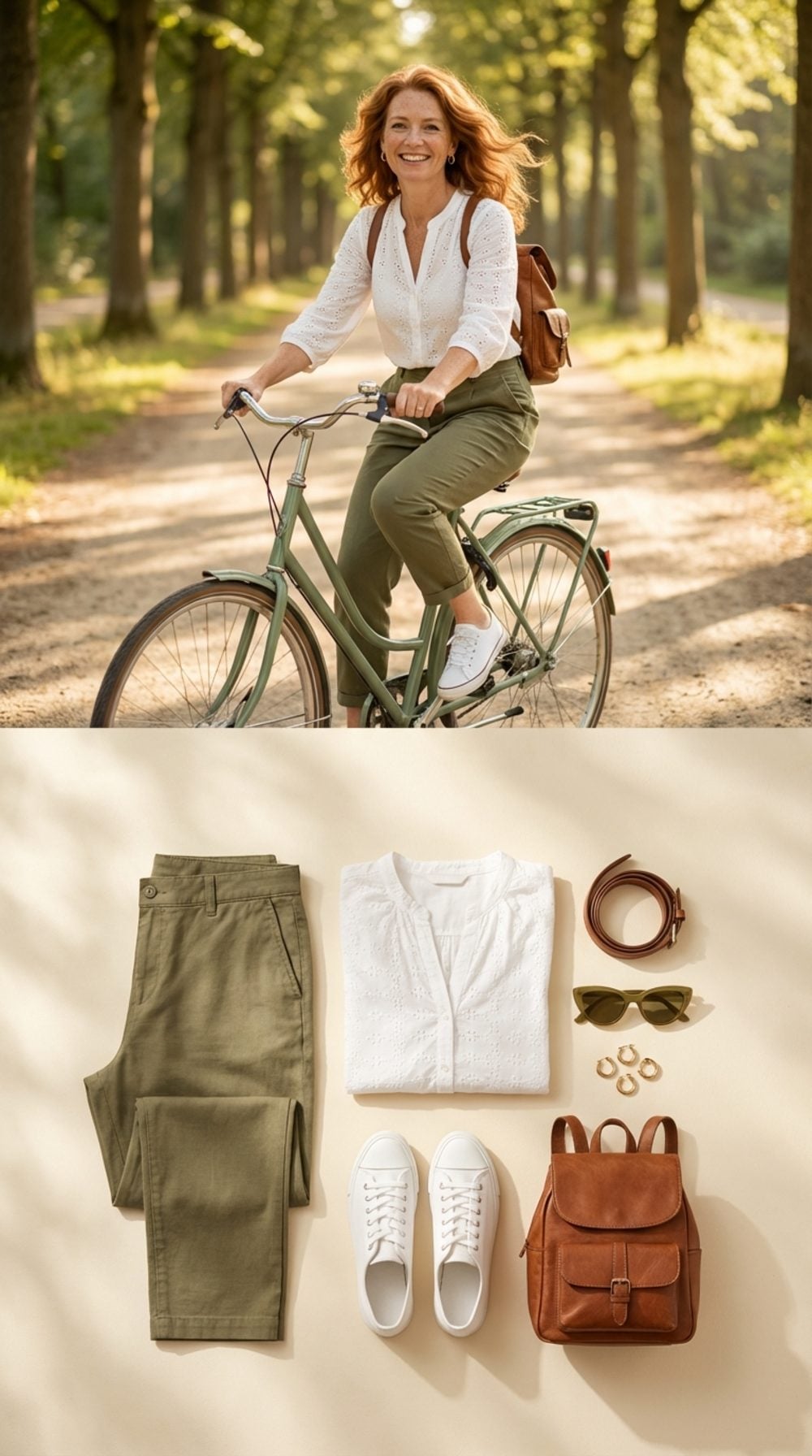 Dappled Morning Light: Olive Chinos and White Eyelet on Two Wheels