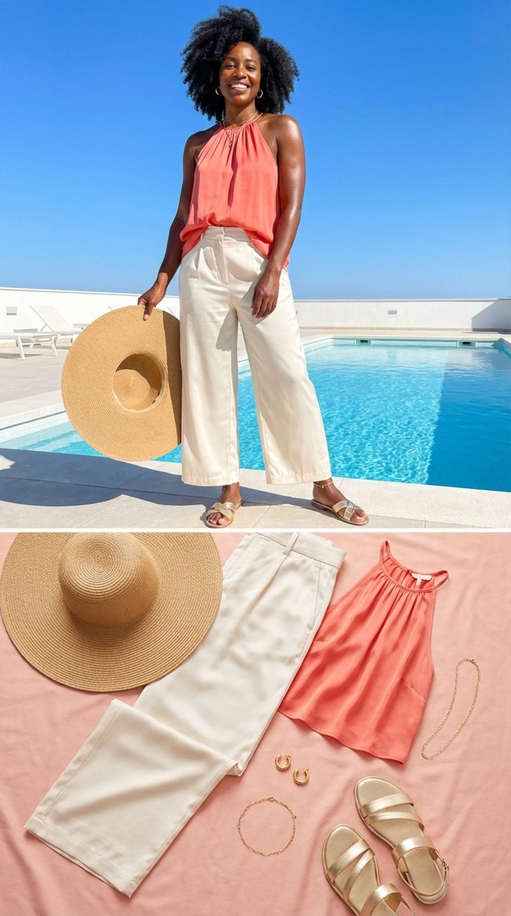 Poolside Ivory Chinos and a Coral Silk Halter in Full Sun