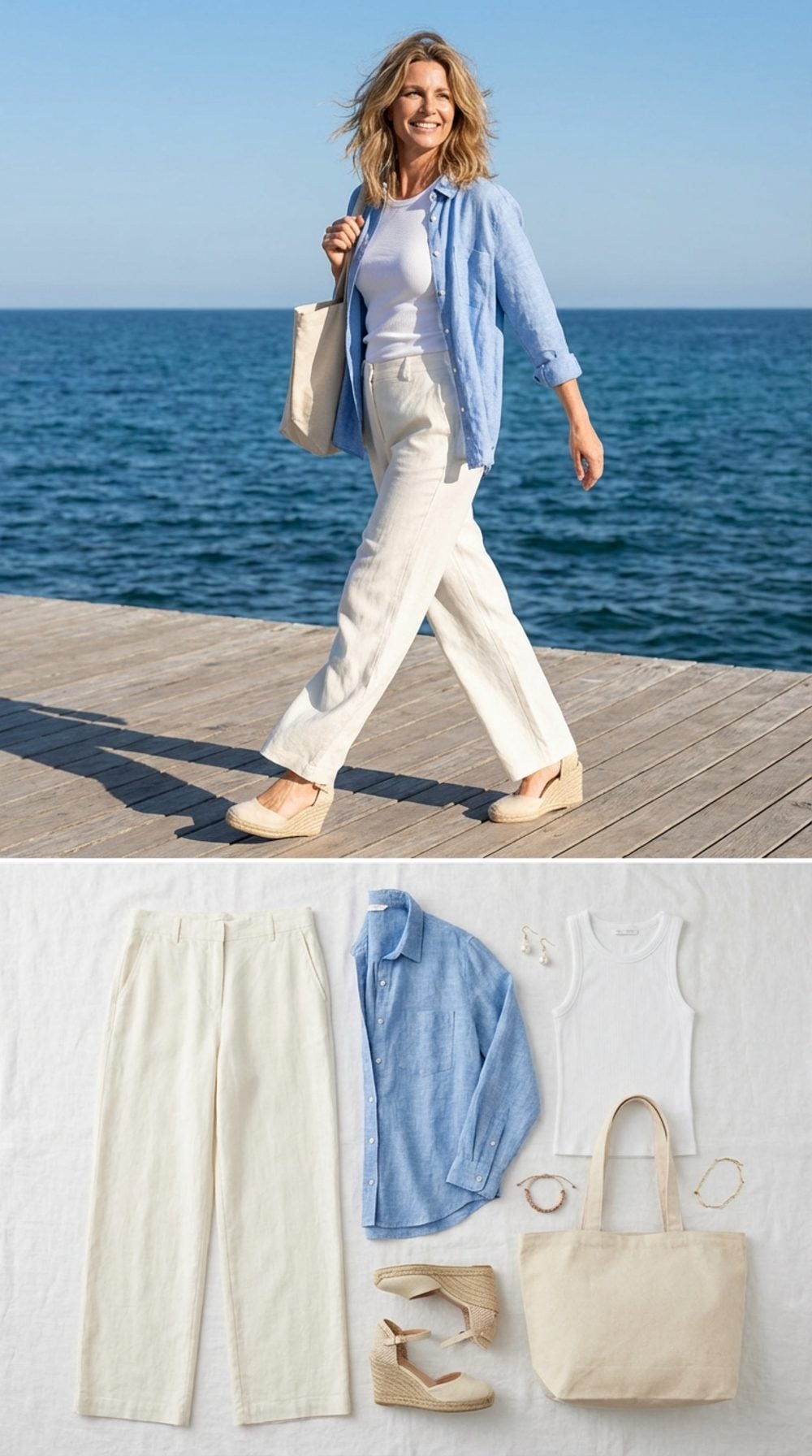 Wide-Leg Ivory at the Coast: Volume, Linen, and the Sky Blue Payoff
