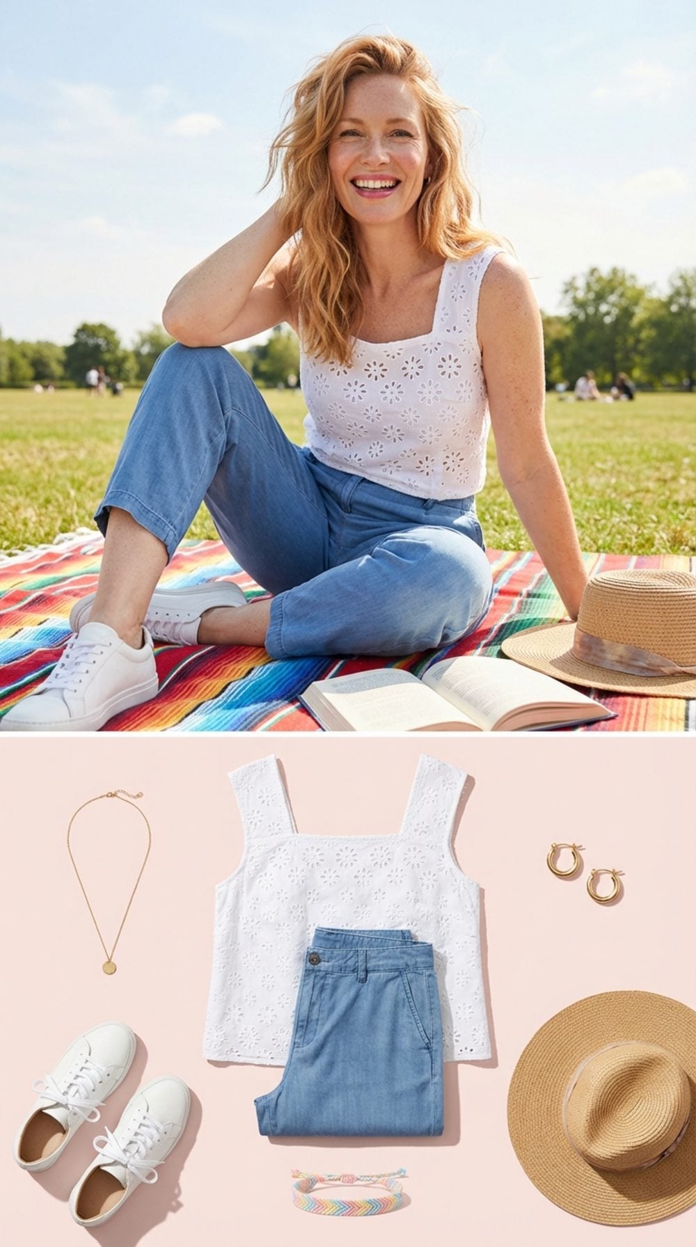 Chambray Blue Chinos on a Picnic Blanket: The White Eyelet Equation