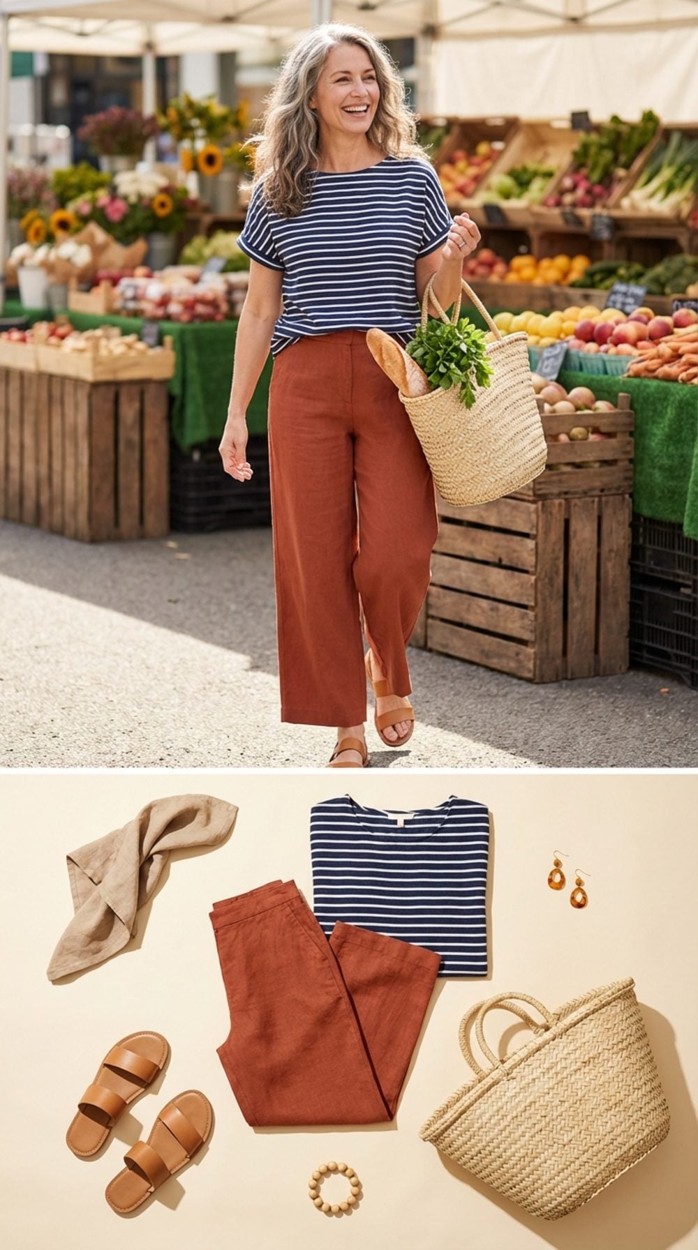 Rust Wide-Leg Chinos at the Farmers Market: The Stripe Trick That Makes Colour Sing