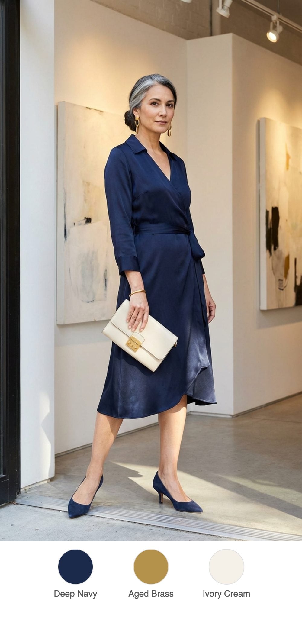 Gallery Opening Night: Navy Silk Wrap Dress with Brass Hardware Bag