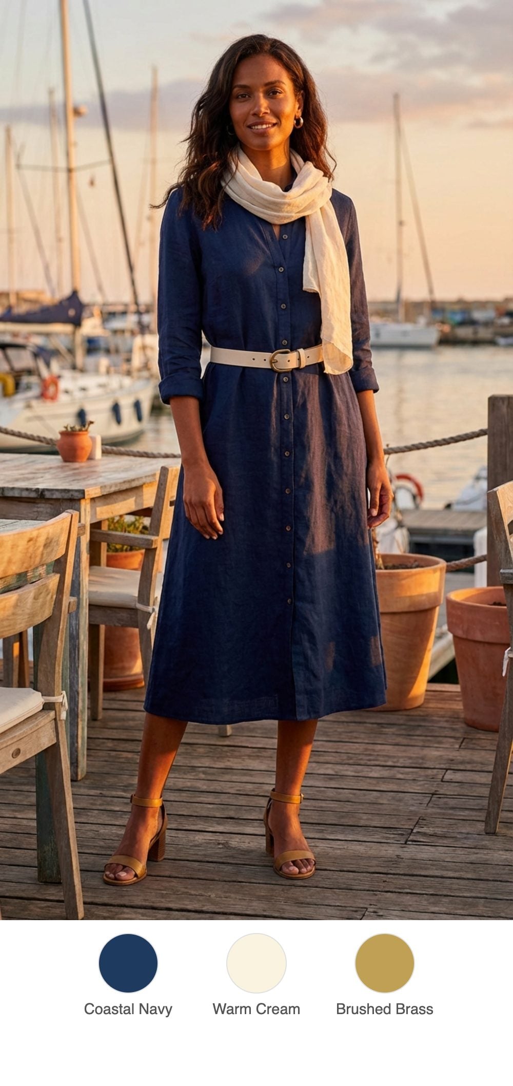 Coastal Dinner: Navy Linen Shirtdress, Brass Sandals