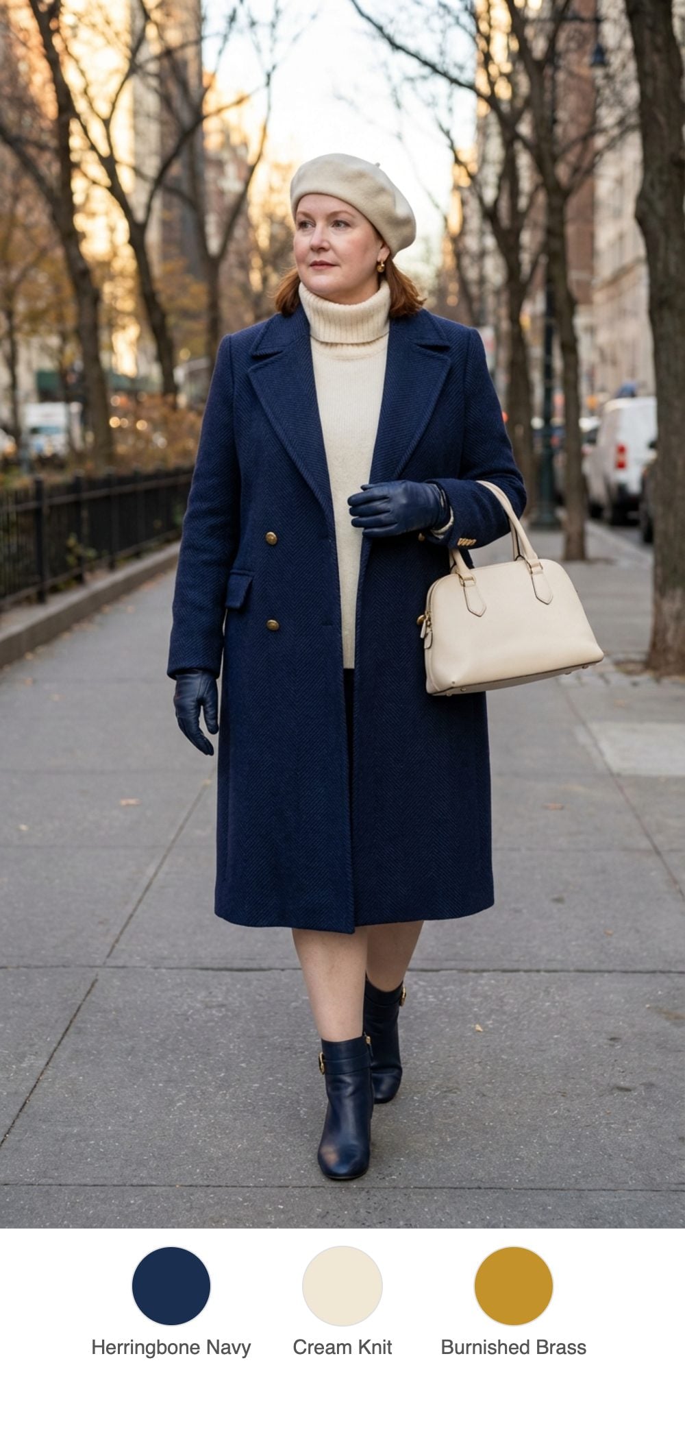 Cold-Morning Commute: Cream Turtleneck Under a Navy Herringbone Coat