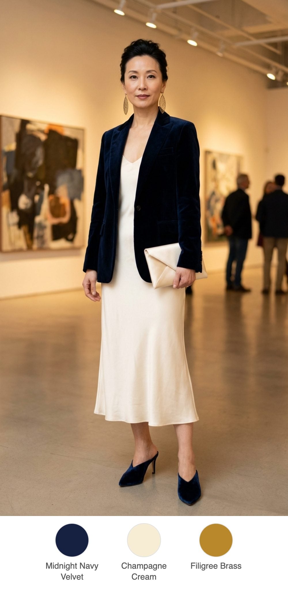 Gallery Opening Night: Navy Velvet Blazer Over Cream Silk Slip Dress