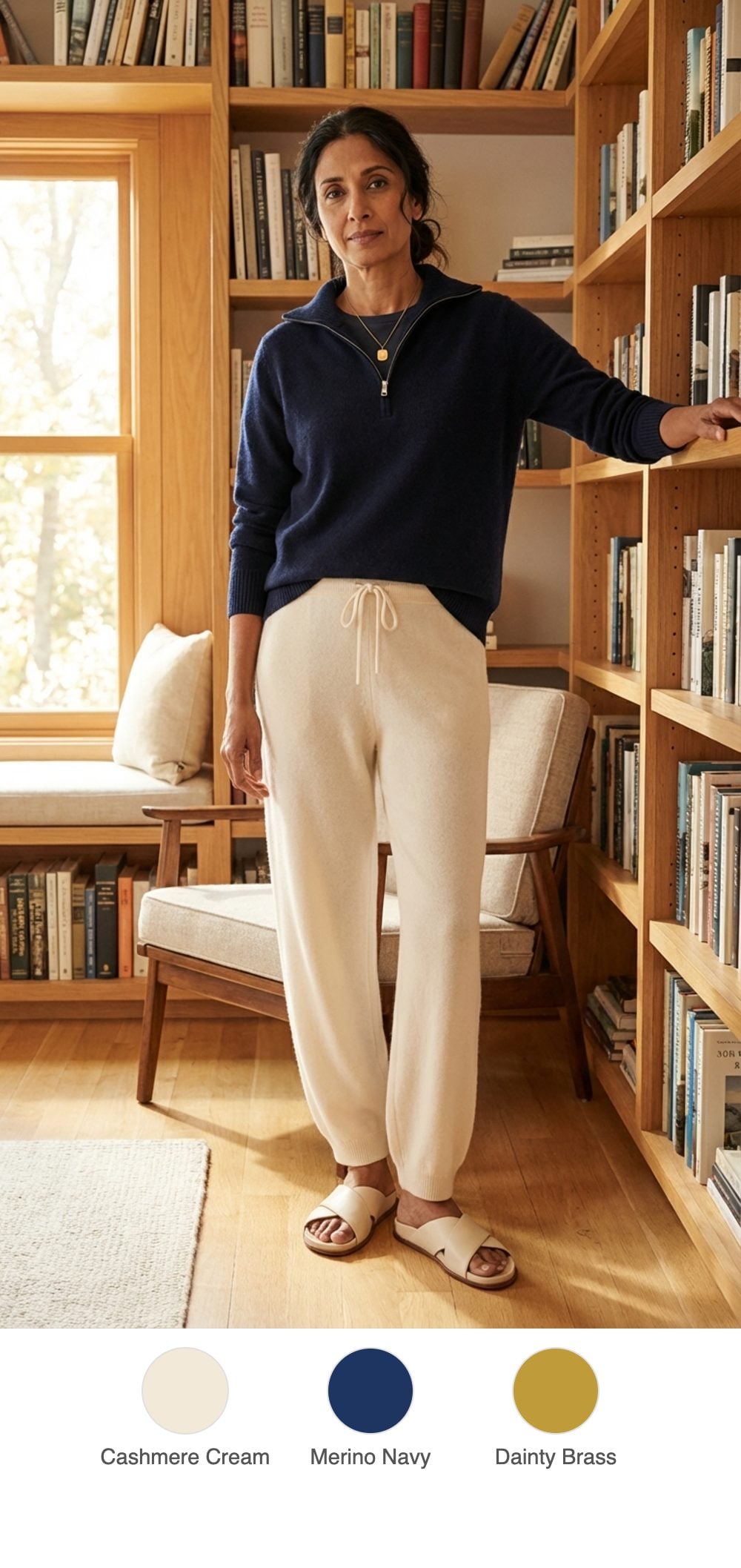 Work-From-Home Done Right: Cream Cashmere Joggers, Navy Quarter-Zip