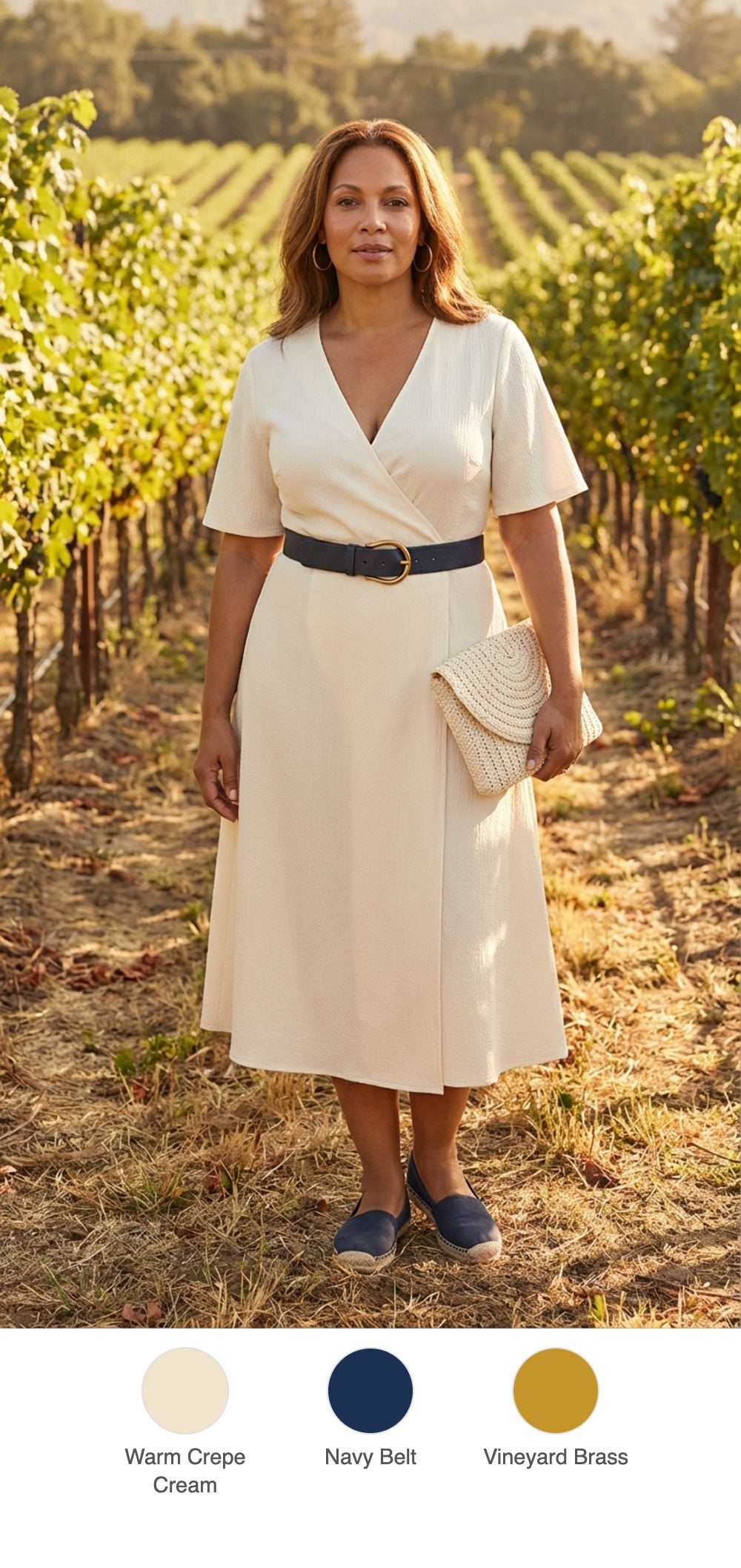 Vineyard Weekend: Cream Wrap Dress, Brass-Buckle Navy Belt