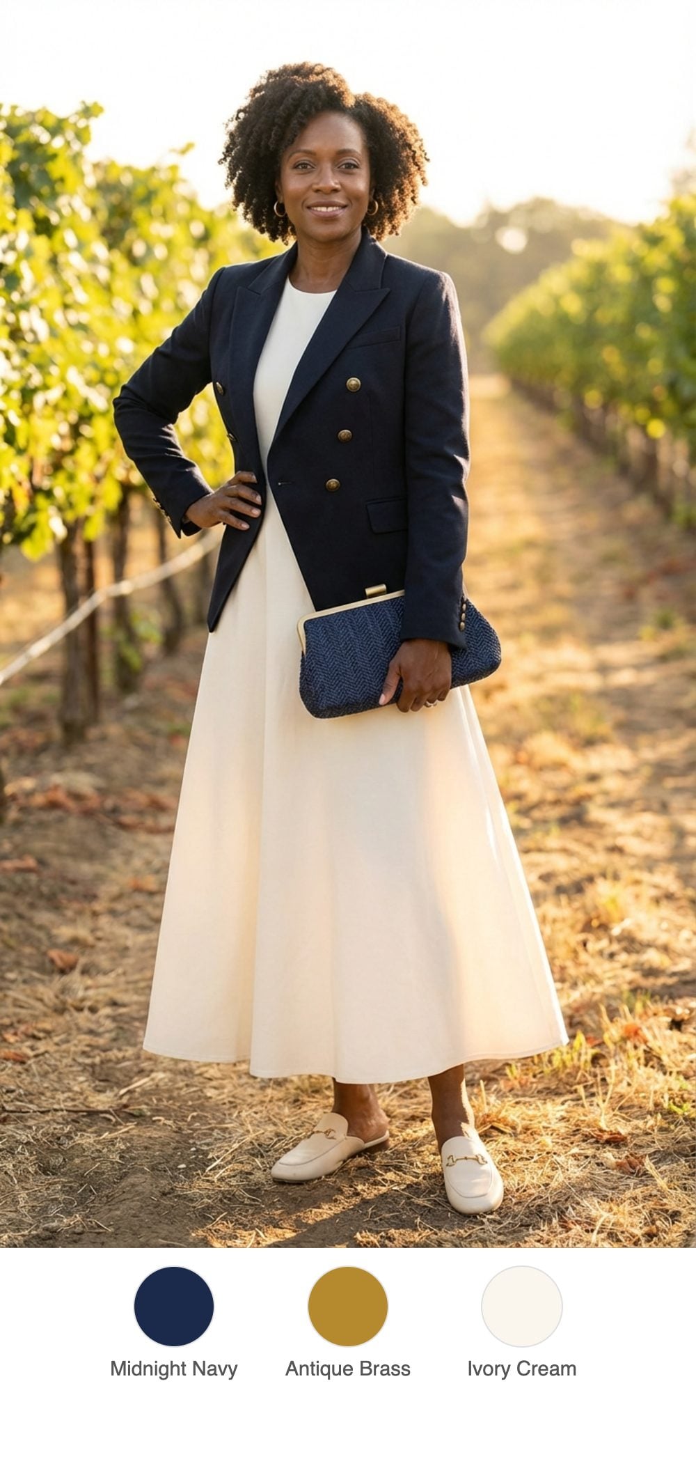 Vineyard Afternoon: Brass-Buttoned Navy Blazer Over Cream Maxi