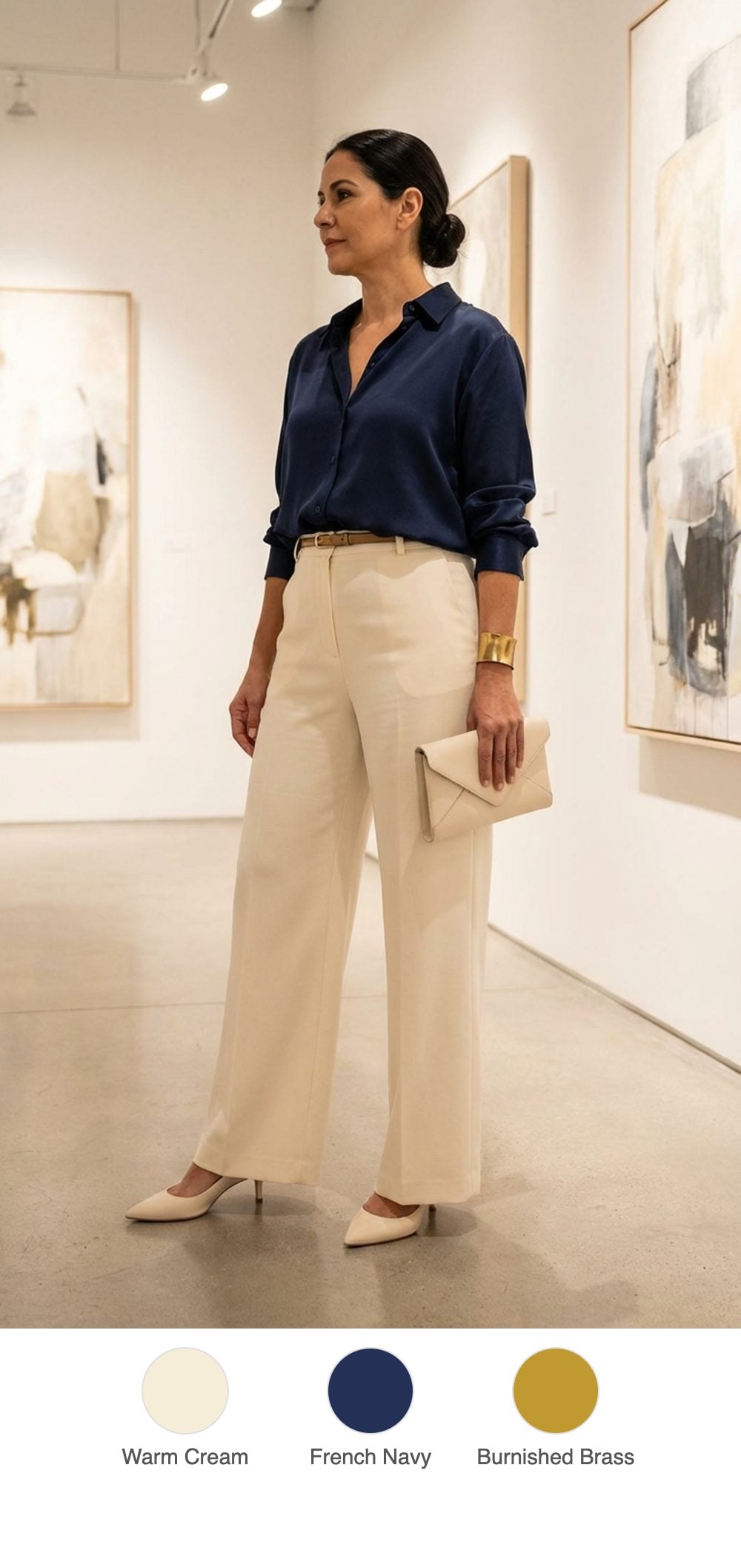 City Gallery Opening: Cream Wide-Leg Trousers and a Navy Silk Blouse