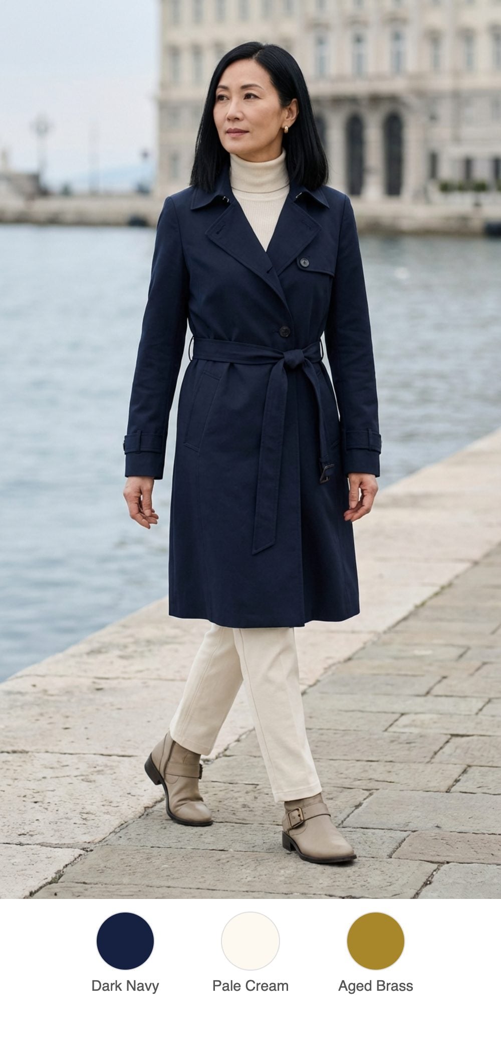 Harbor Walk: Navy Trench Coat, Cream Turtleneck, Brass-Buckle Boots
