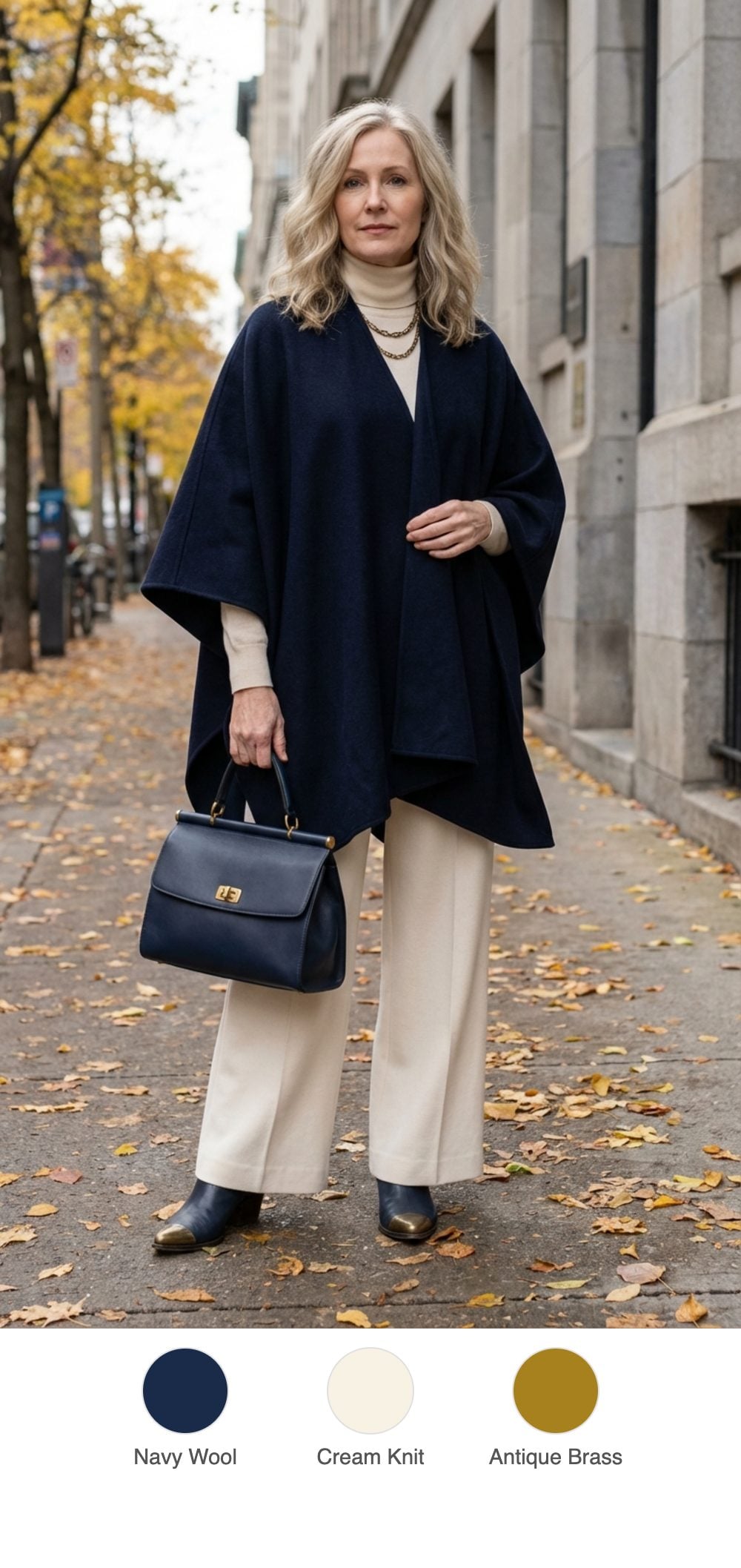 Late Autumn Layers: Navy Wool Cape Over Cream Turtleneck and Tailored Trousers