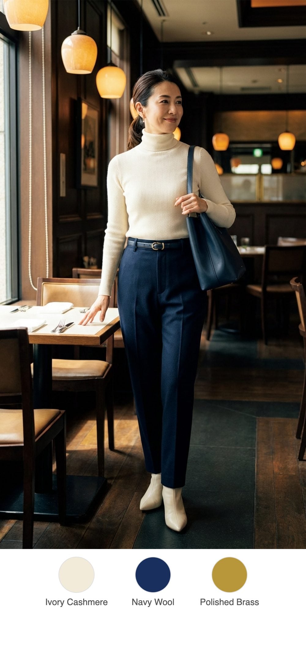 Power Lunch: Cream Cashmere Turtleneck Tucked into Navy Tailored Trousers