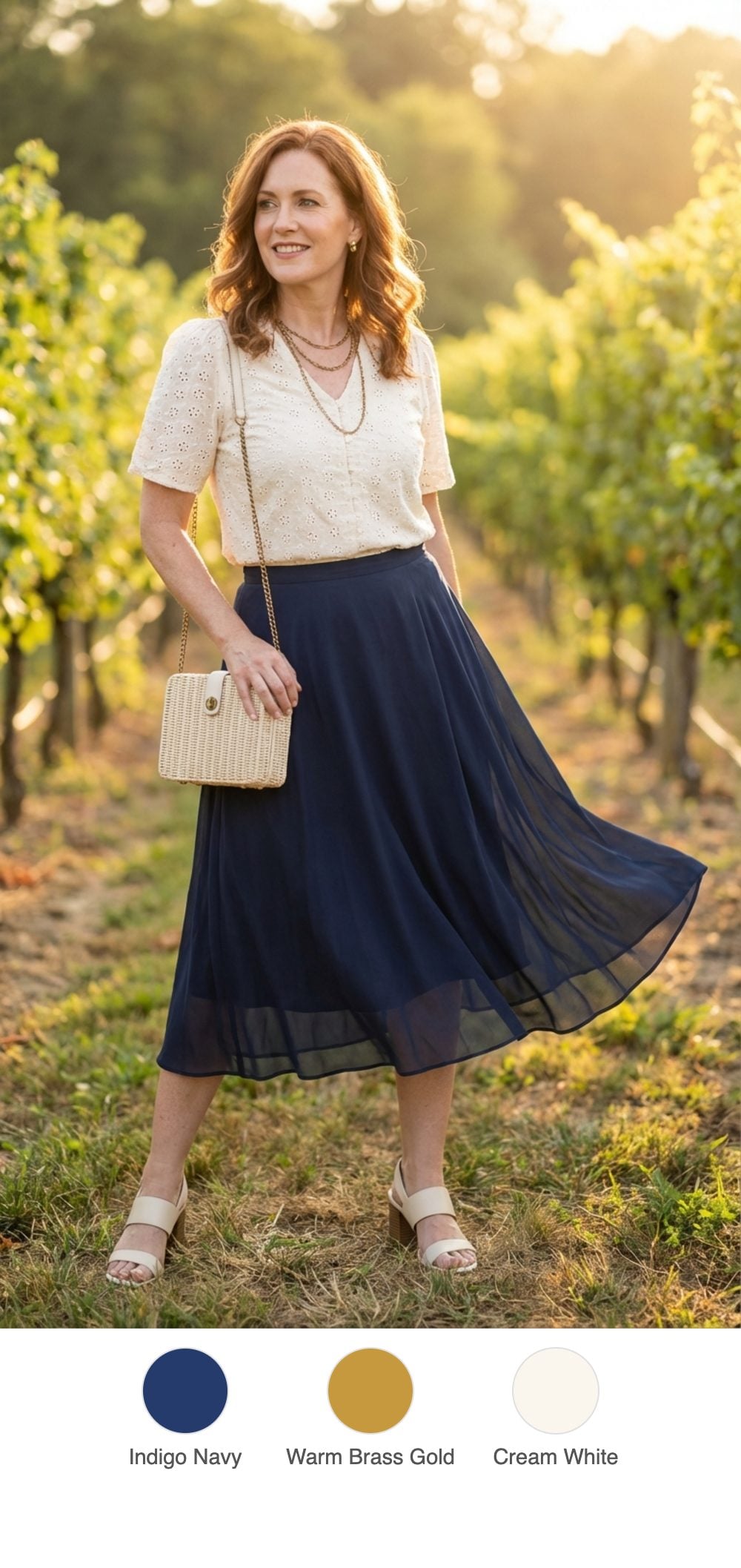 Vineyard Afternoon: Navy Midi Skirt, Cream Broderie Top, and Brass Jewelry