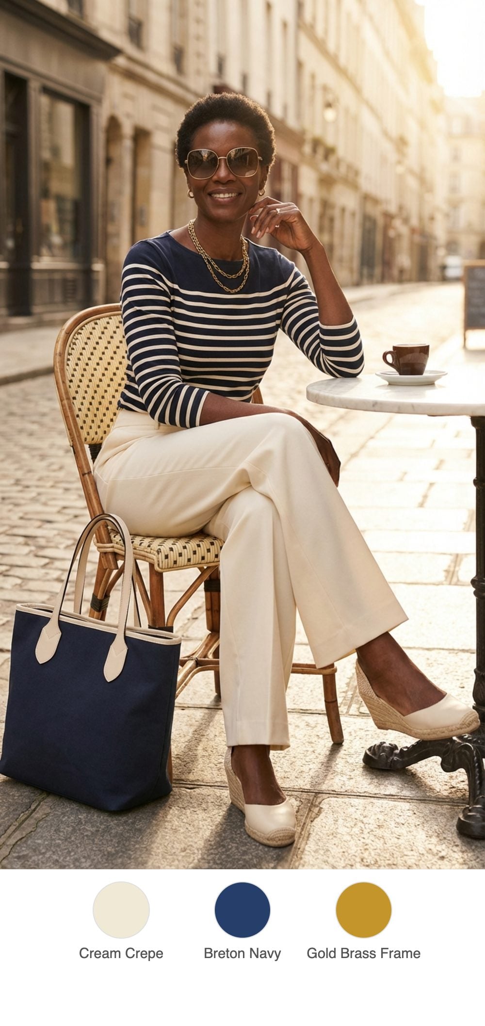 Sunday Brunch Confidence: Cream Wide-Leg Trousers, Navy Stripe Top, Brass Sunglasses