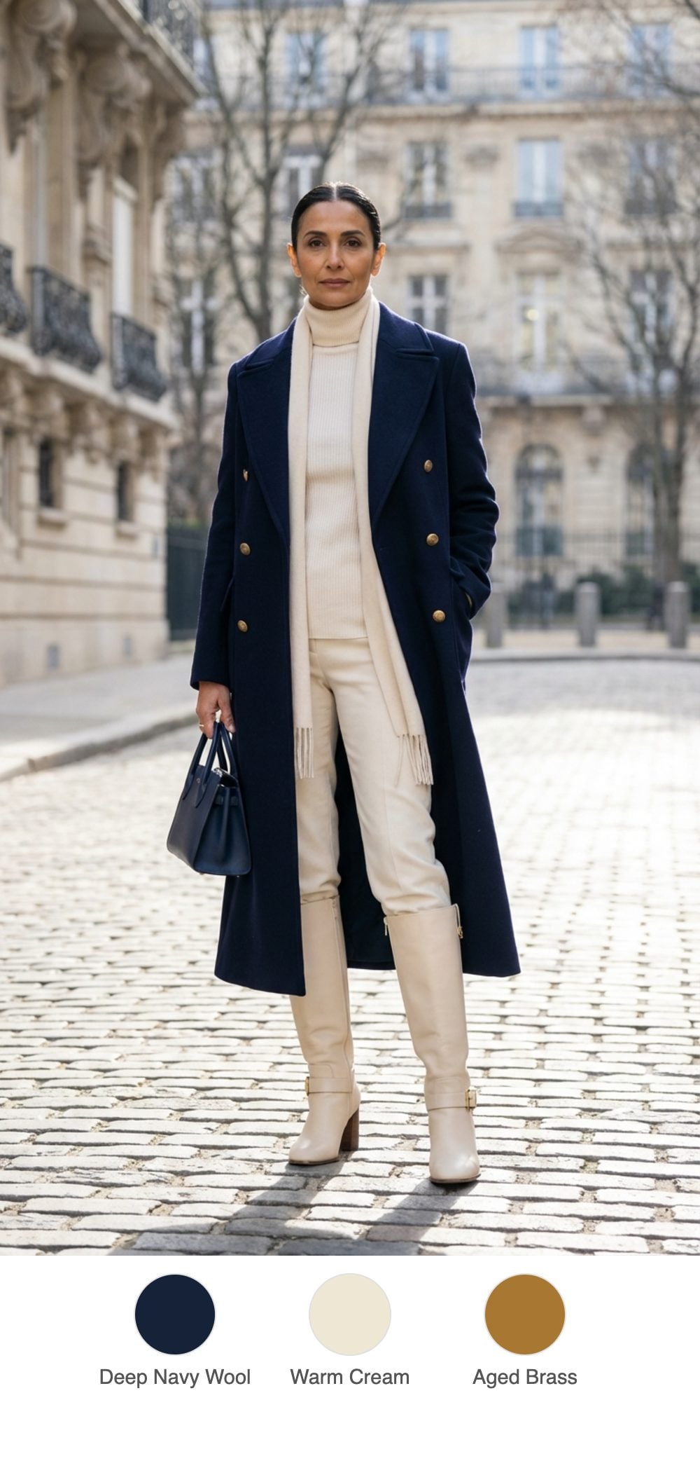 Winter Gallery Walk: Navy Wool Coat, Cream Turtleneck, Brass-Buckle Leather Boots