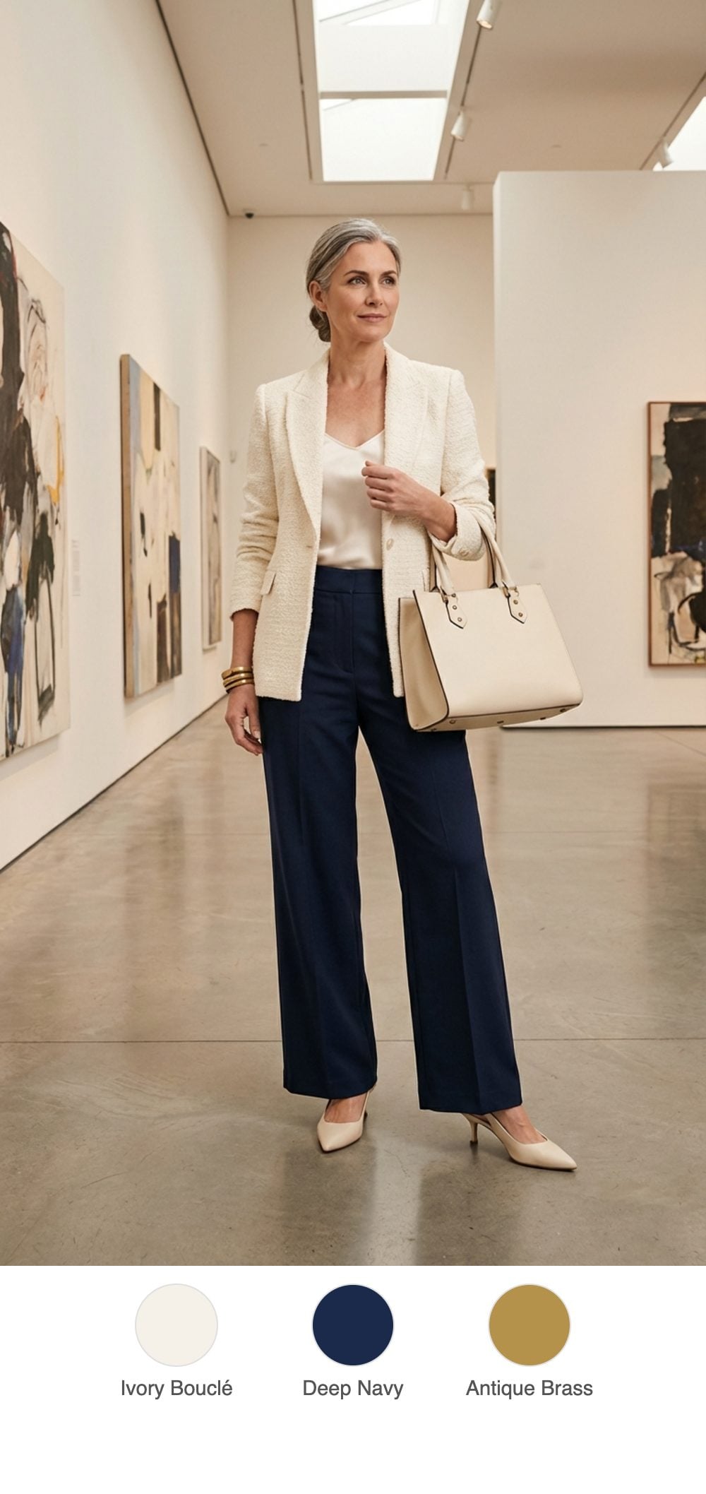 Museum Afternoon: Cream Bouclé and Navy Wide-Leg Trousers