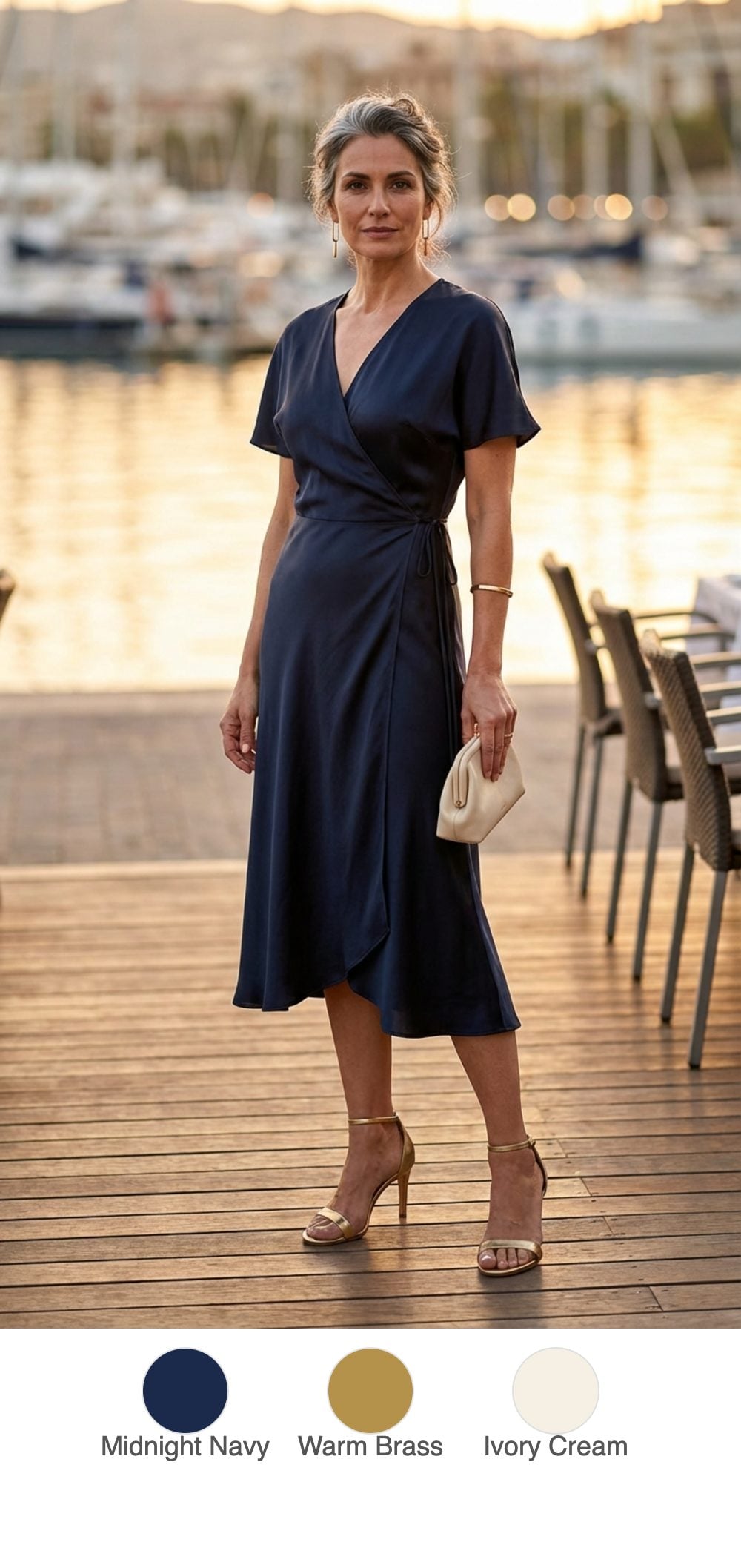 Silk Navy Wrap Dress and Brass Sandals at the Waterfront Restaurant