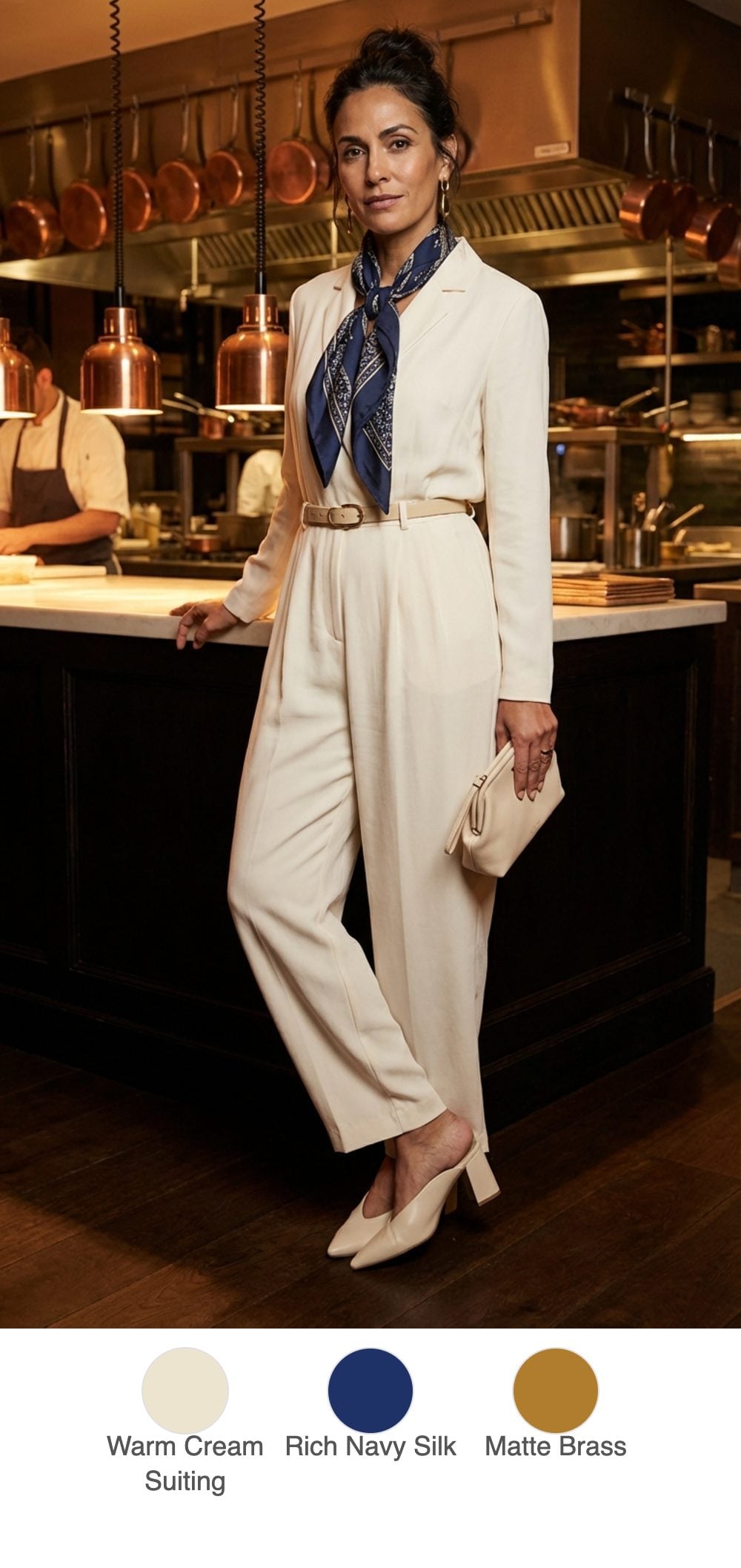 Chef's Table: Cream Tailored Jumpsuit with a Navy Silk Scarf