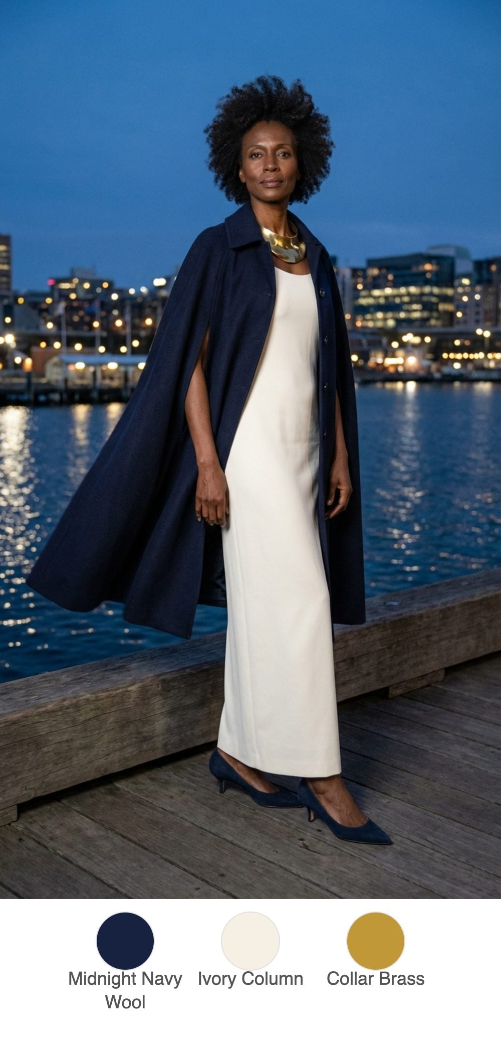 Waterfront Dinner: Navy Cape Coat Over a Cream Column Dress