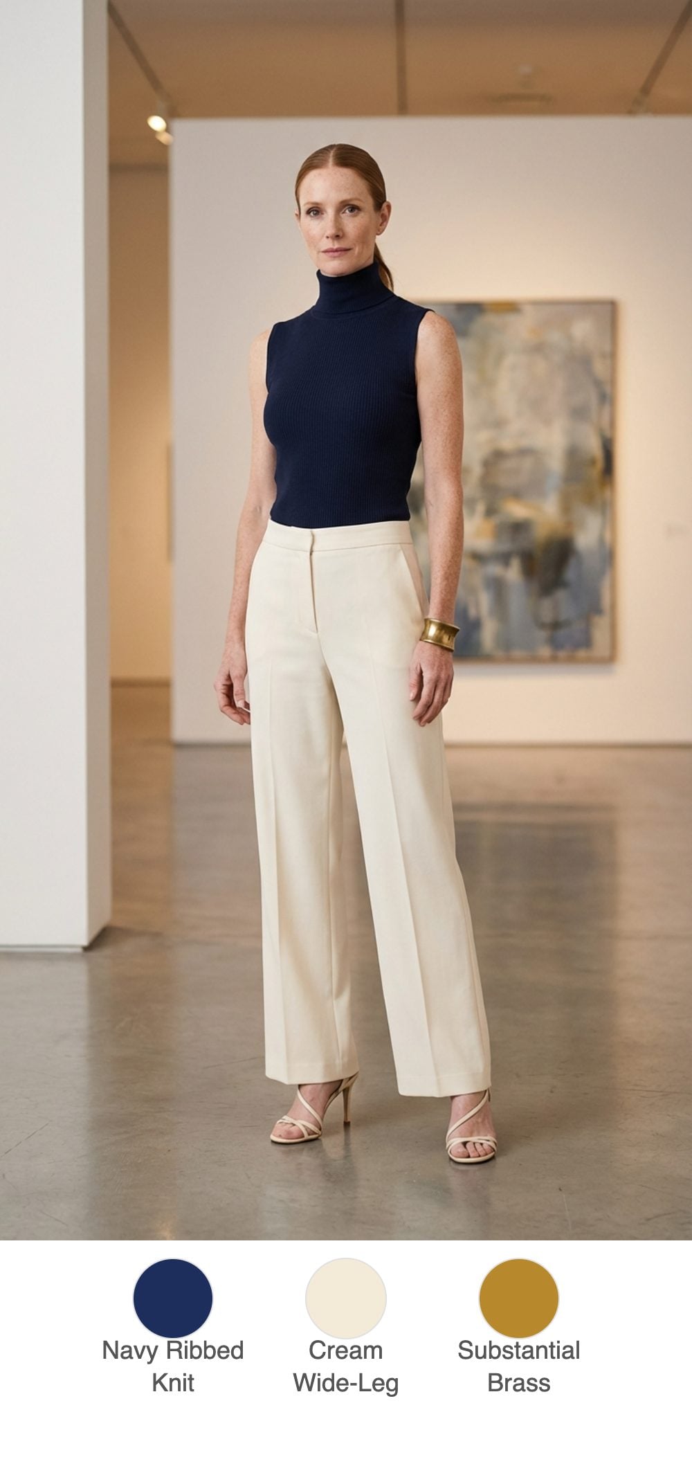 Gallery Dinner: Navy Sleeveless Turtleneck with Cream Wide-Leg Trousers