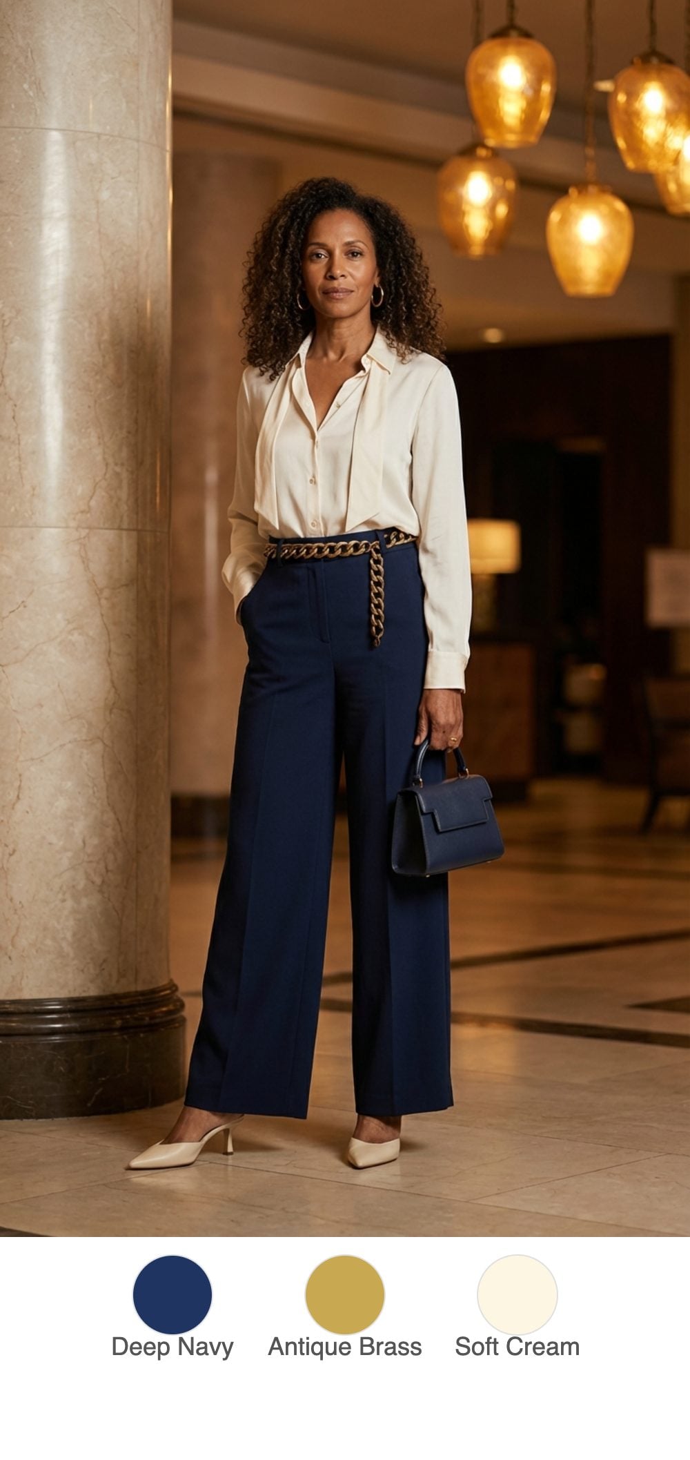 Navy Wide-Leg Trousers, Cream Silk Blouse, and a Brass Chain Belt