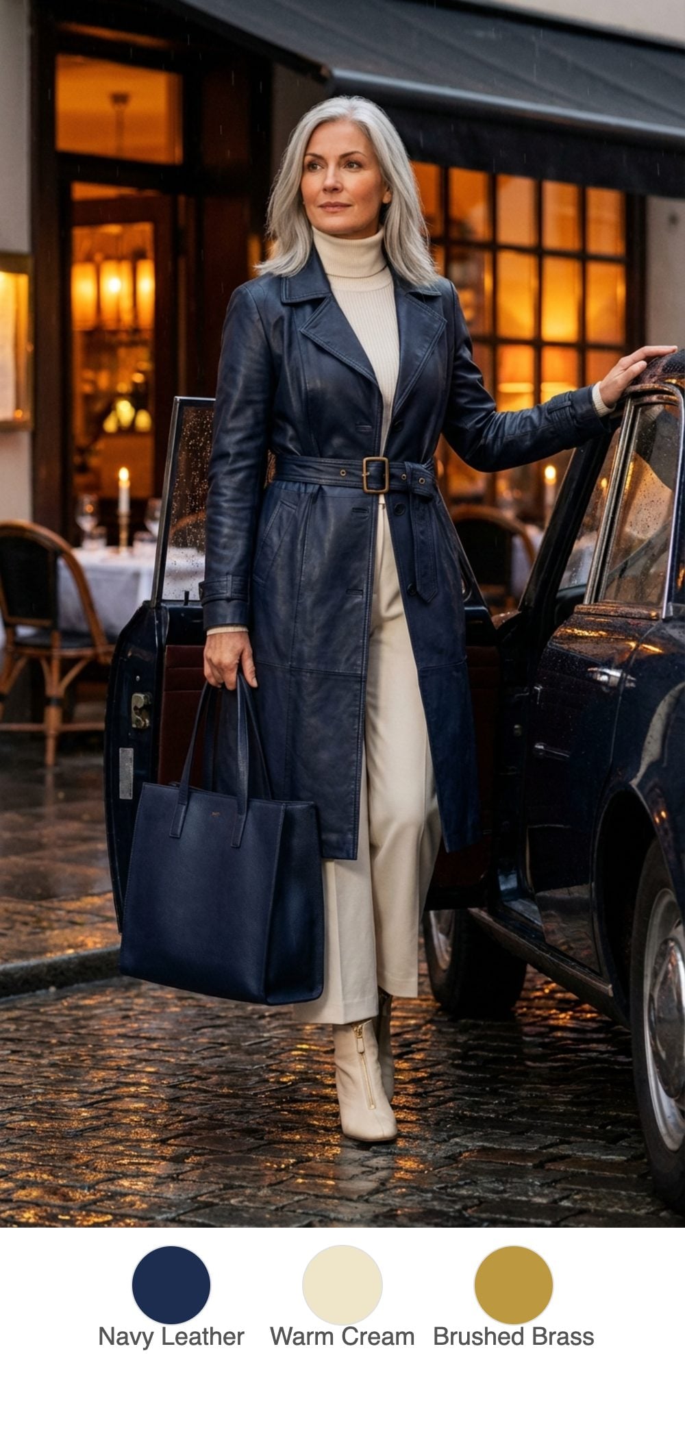 Navy Leather Trench and Cream Knit Underneath: A Candlelit Dinner Arrival