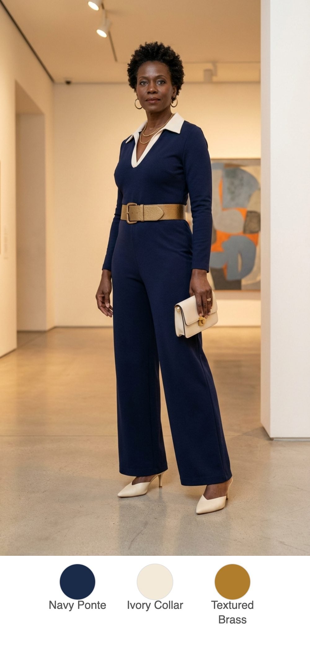 Navy Jumpsuit with a Cream Collar and Brass Statement Belt: The One-Piece Wonder