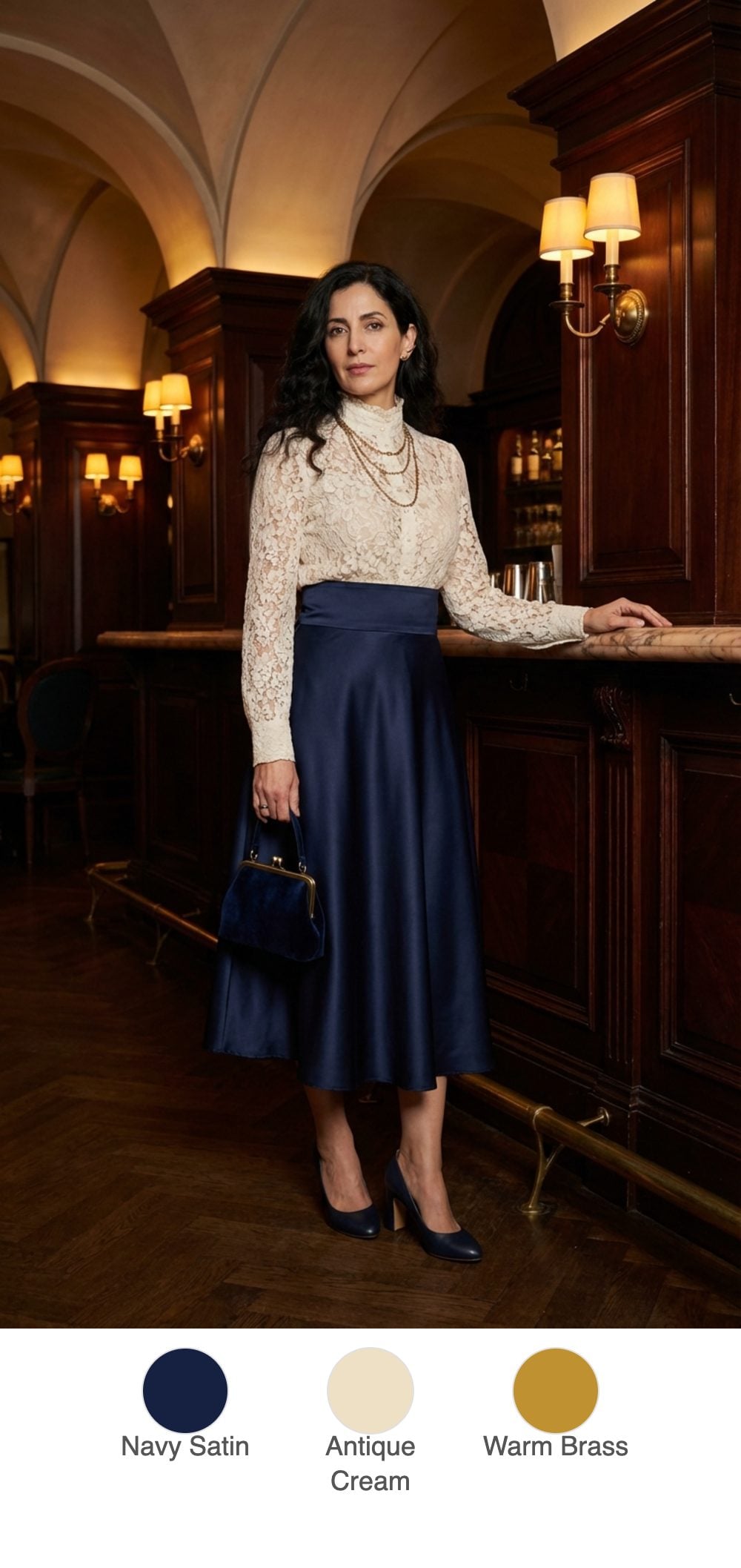 Navy Satin Midi Skirt and Cream Lace Blouse: Old-World Glamour, Modern Confidence
