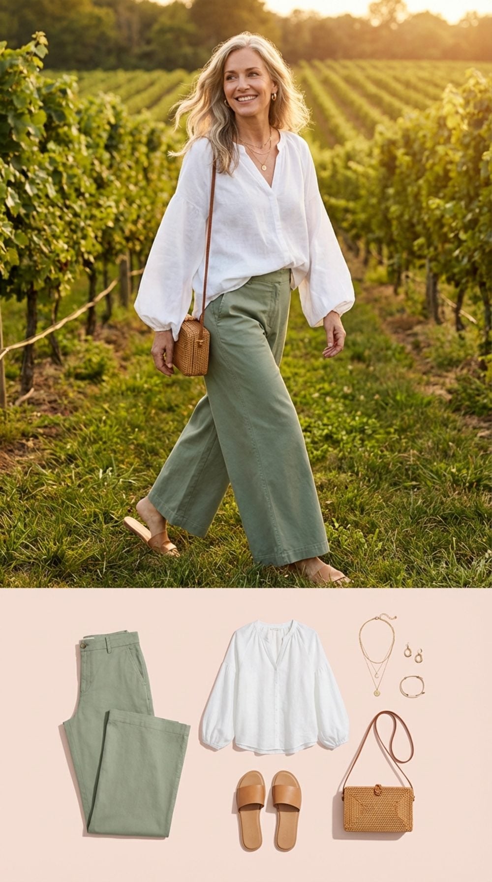 Sage Green Wide-Legs Through the Golden Hour Vineyard