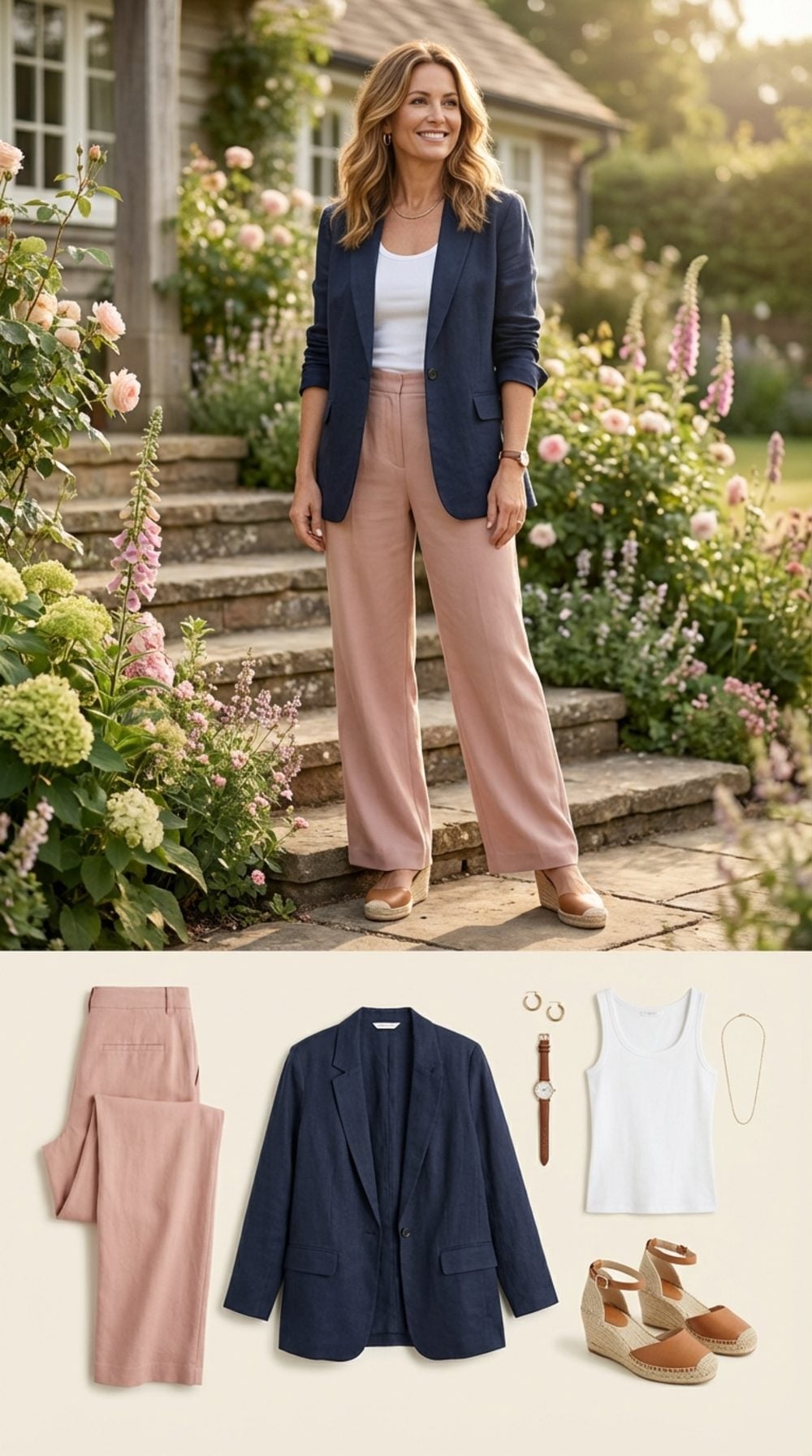 Navy Linen Blazer Over Blush Wide-Legs on Cottage Steps