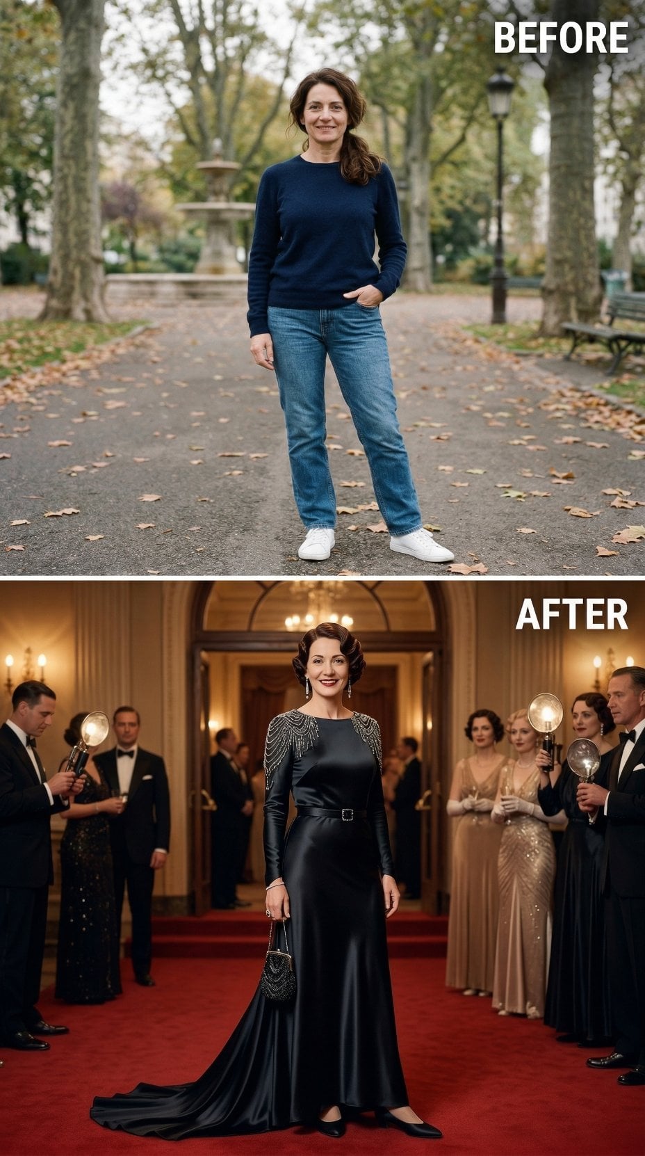 Black Satin Gown With Beaded Art Deco Shoulders and Victory Rolls