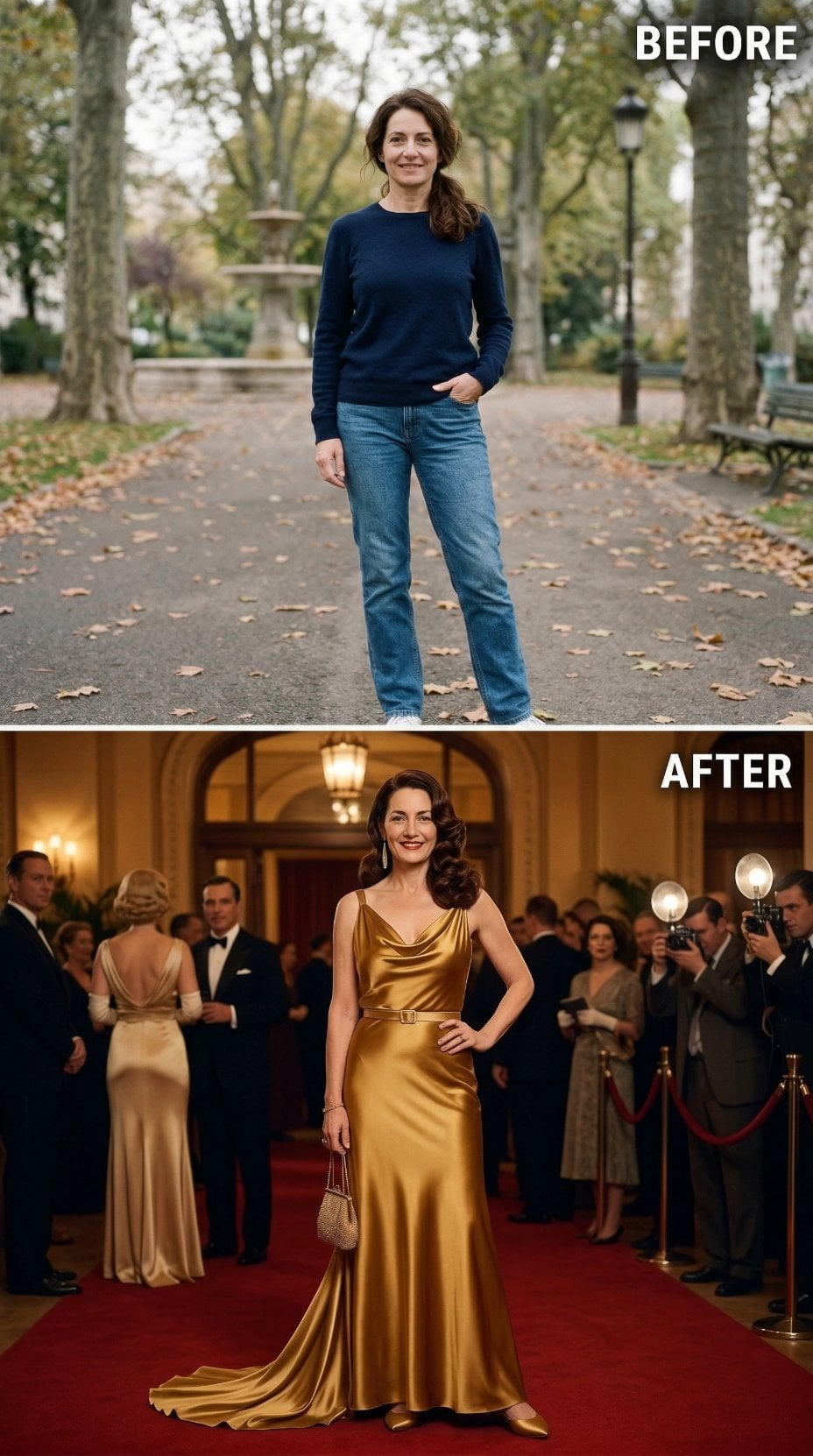 Gold Satin Column Gown With Cowl Drape and Vintage Hollywood Waves