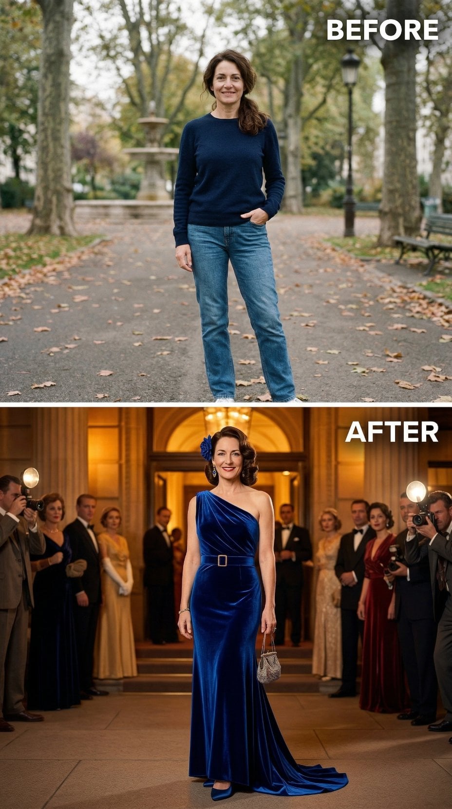 Sapphire Velvet One-Shoulder Gown With Belted Waist and Blue Flower