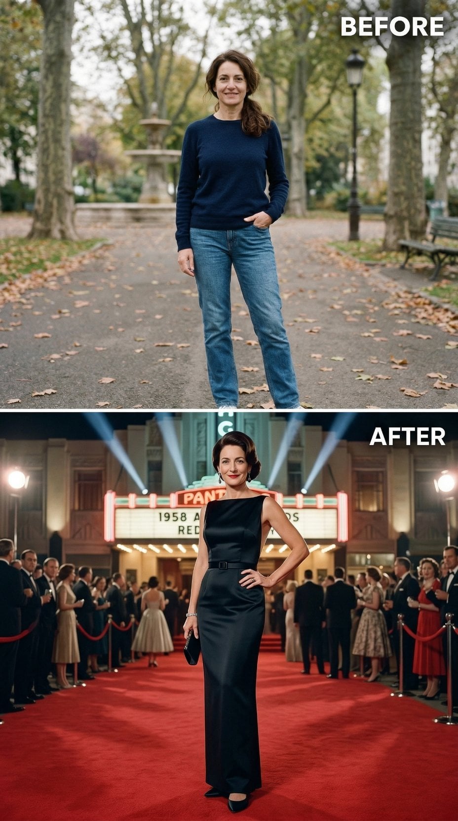 Sleeveless Black Satin Gown With Belted Waist and Vintage Marquee Backdrop