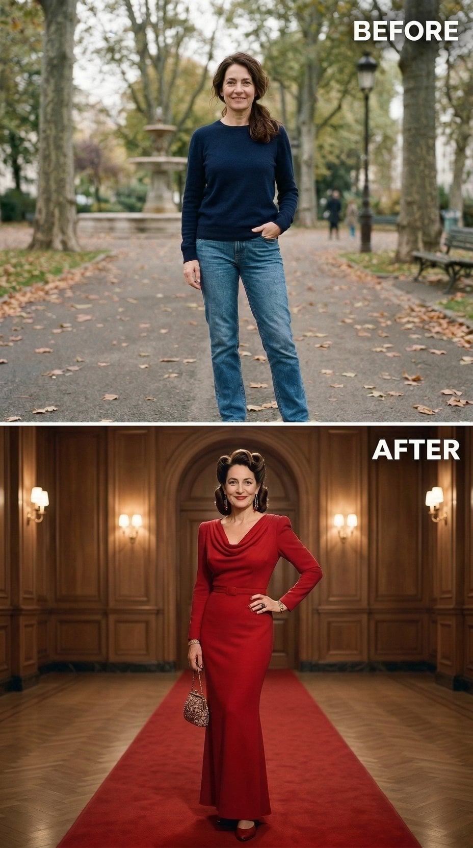 Rich Crimson Cowl Neck Gown With Pin-Curled Updo and Metallic Clutch