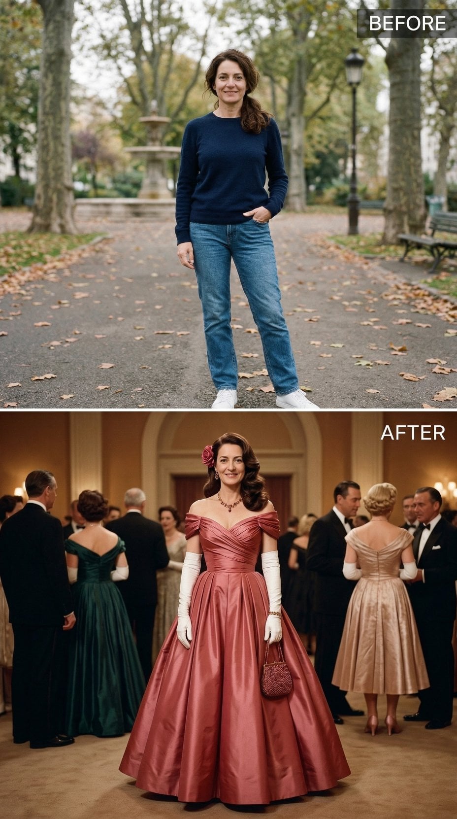 Rose Satin Off-Shoulder Ball Gown With White Opera Gloves