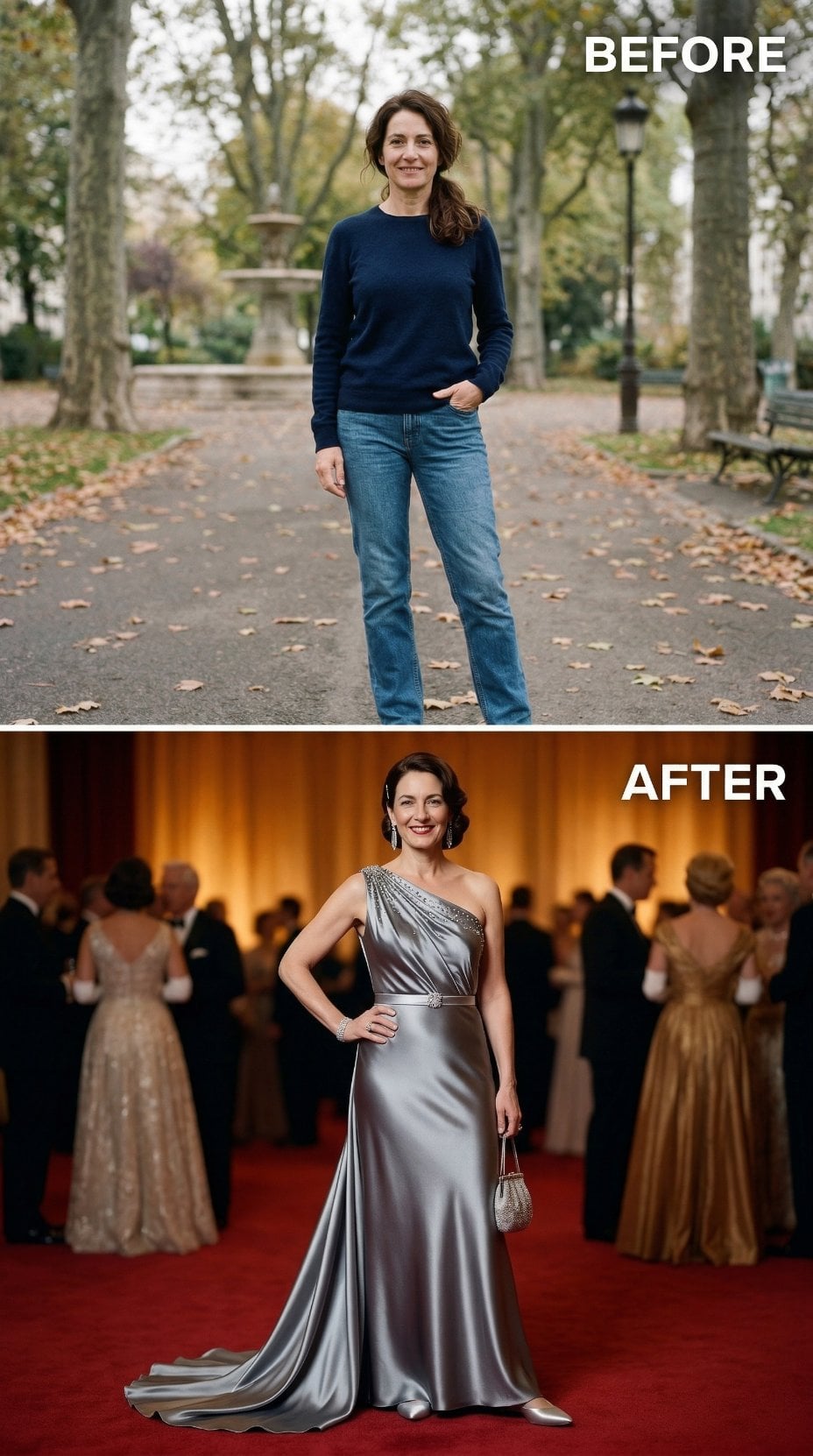 One-Shoulder Silver Satin With Gathered Draping and Crystal Clutch