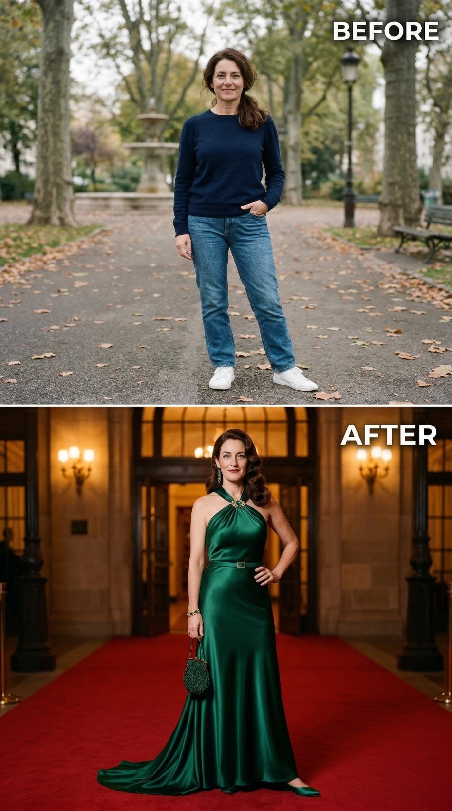 Emerald Satin Halter Gown With Jeweled Neckline and Finger Waves
