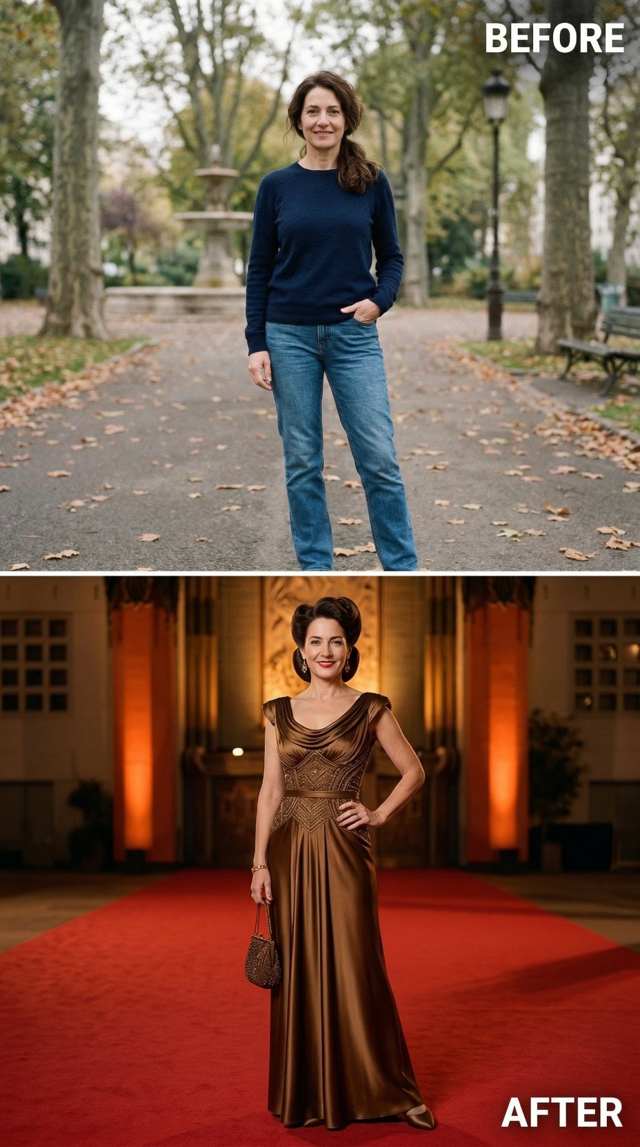 Bronze Silk Gown With Draped Cowl Neckline and Structured Bodice