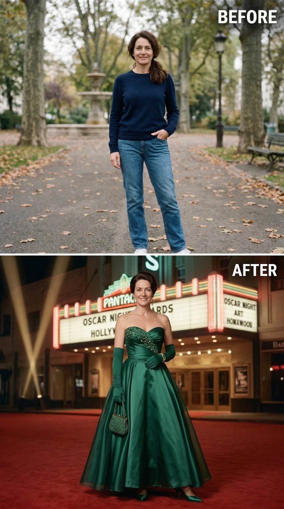 Forest Green Strapless Gown With Diagonal Beading and Opera Gloves