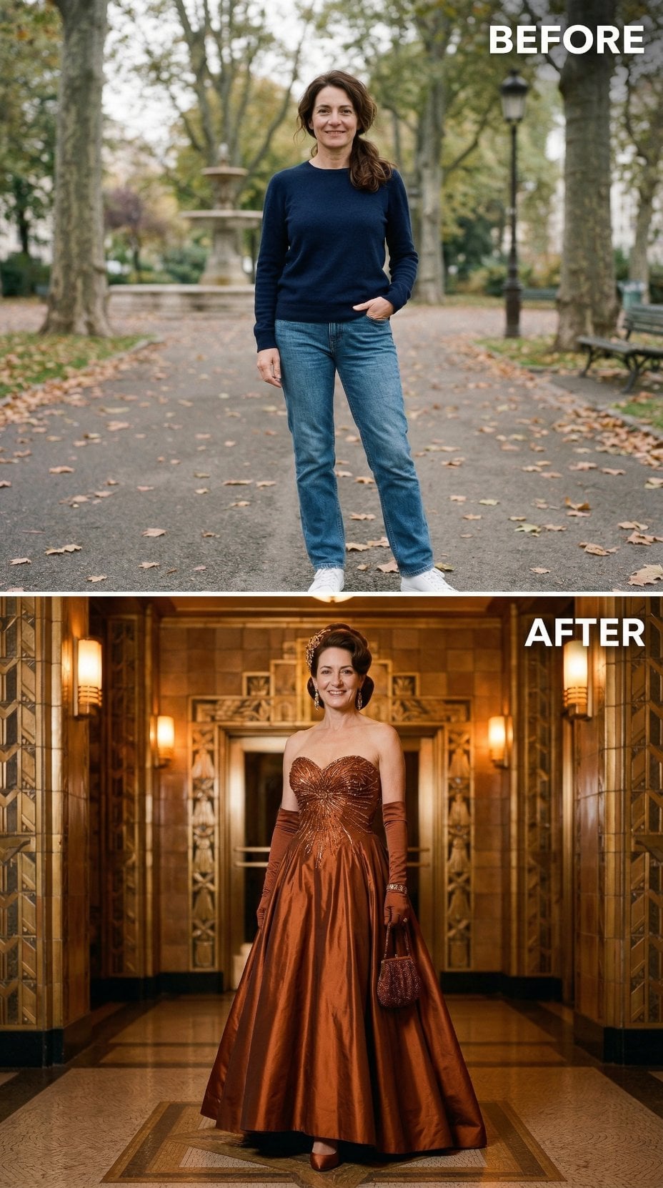 Bronze Silk Ball Gown With Beaded Strapless Bodice and Rolled Curls