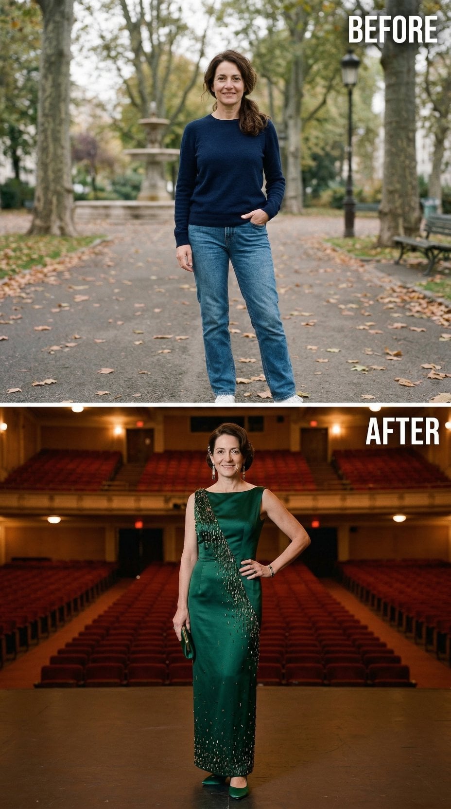Teal Satin Sheath With Diagonal Gold Beading and Pin-Curled Updo