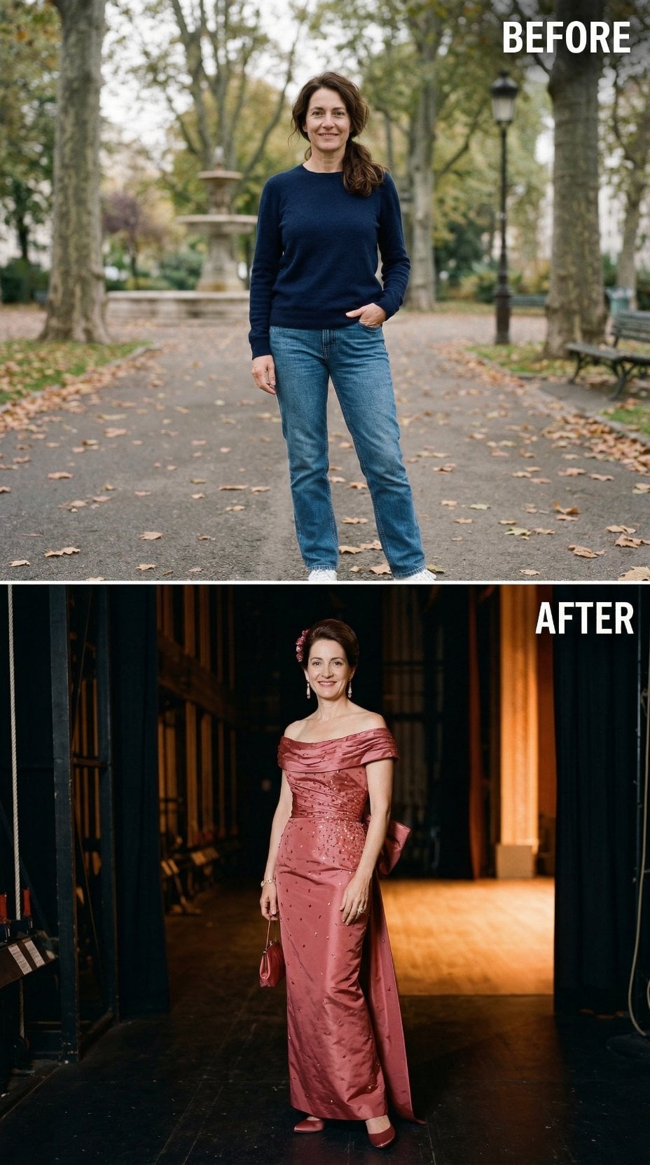 Copper-Rose Silk Gown With Off-Shoulder Portrait Collar