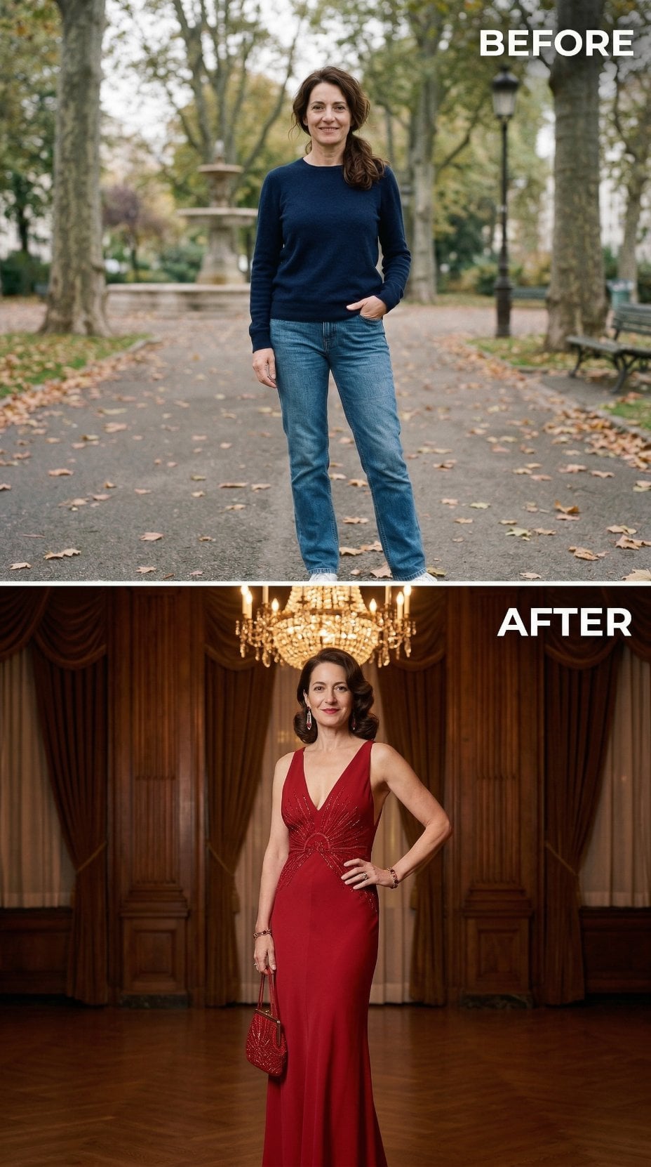 Red Velvet Deep-V Column With Art Deco Beadwork and Vintage Chandelier Setting