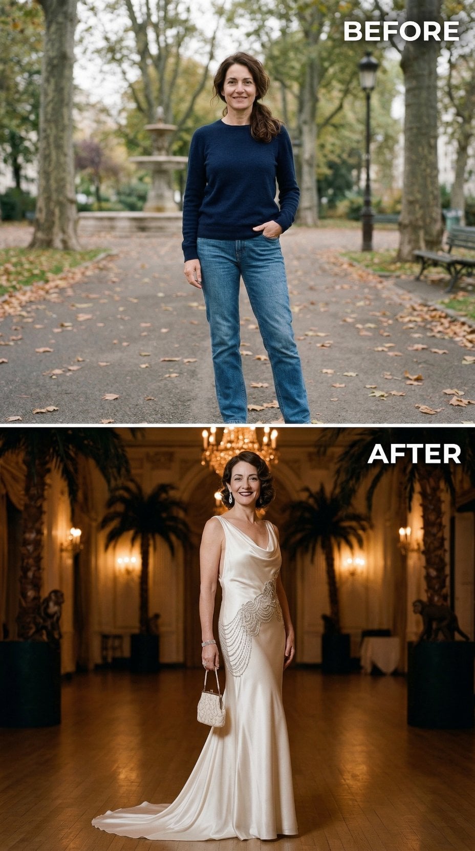 Bias-Cut Champagne Silk With Beaded Swag Detail and Side-Swept Updo