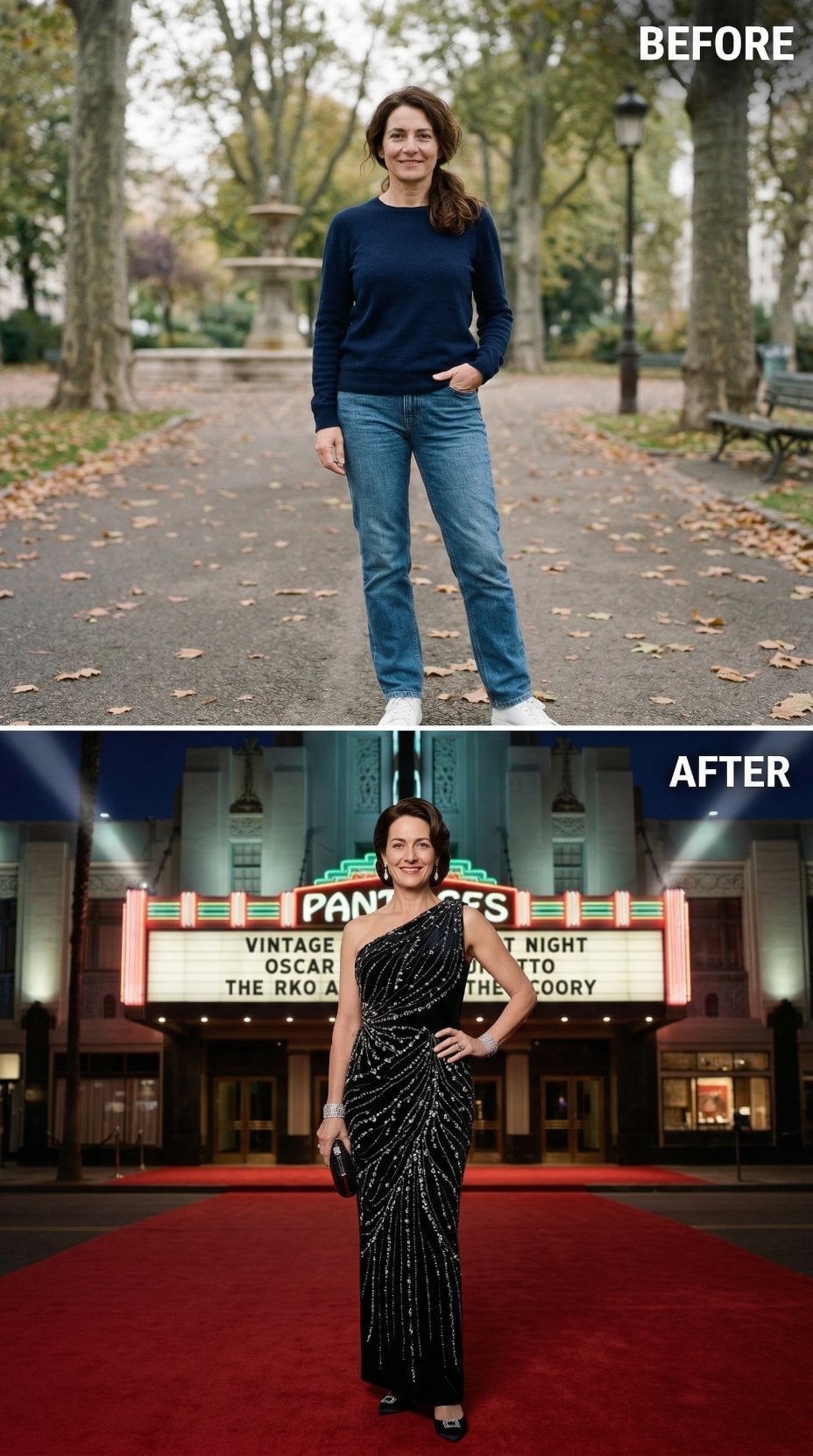 Black One-Shoulder Gown With Diagonal Silver Beading and Theater Marquee