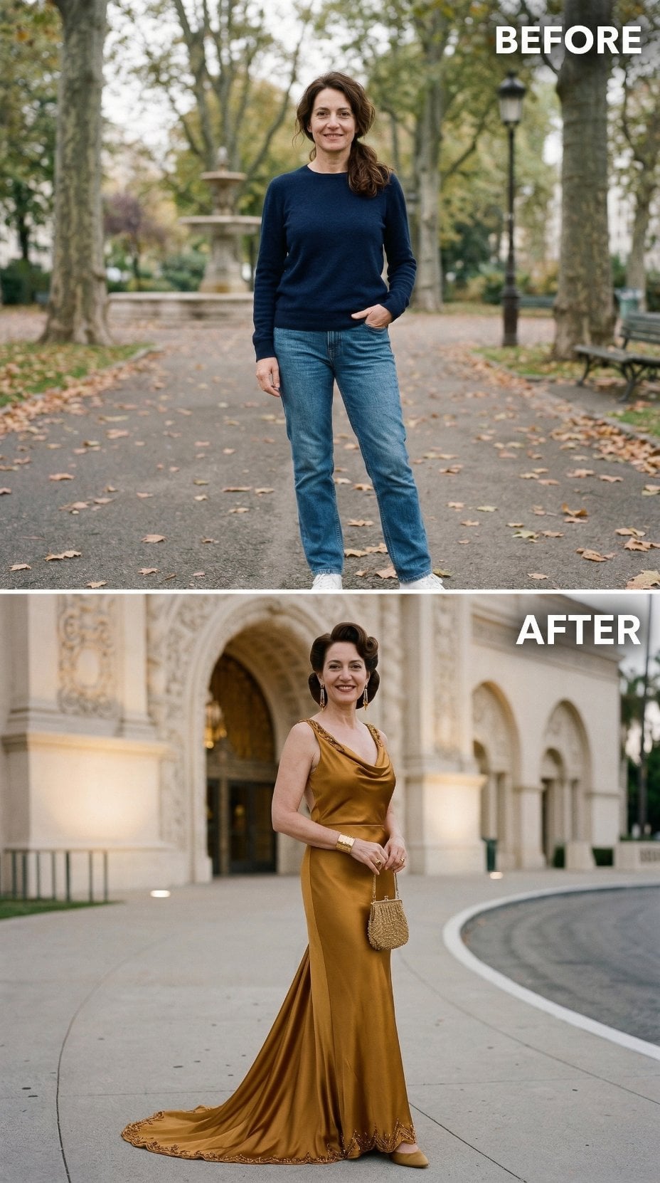 Gold Satin Cowl-Neck Column With Elbow-Length Gloves and Beaded Bag