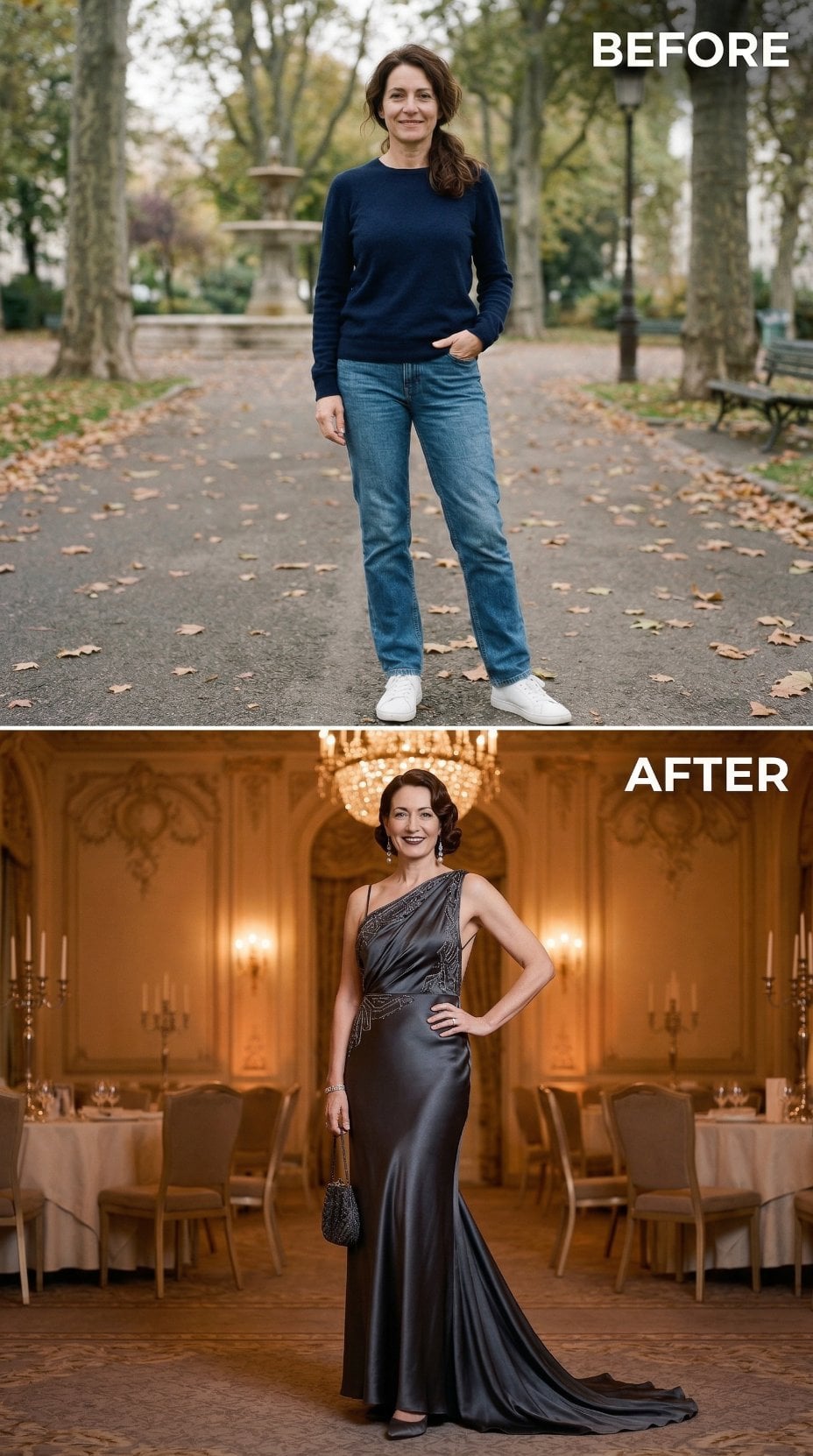 Draped Charcoal Satin With Asymmetric Beaded Bodice and Chandelier Ballroom