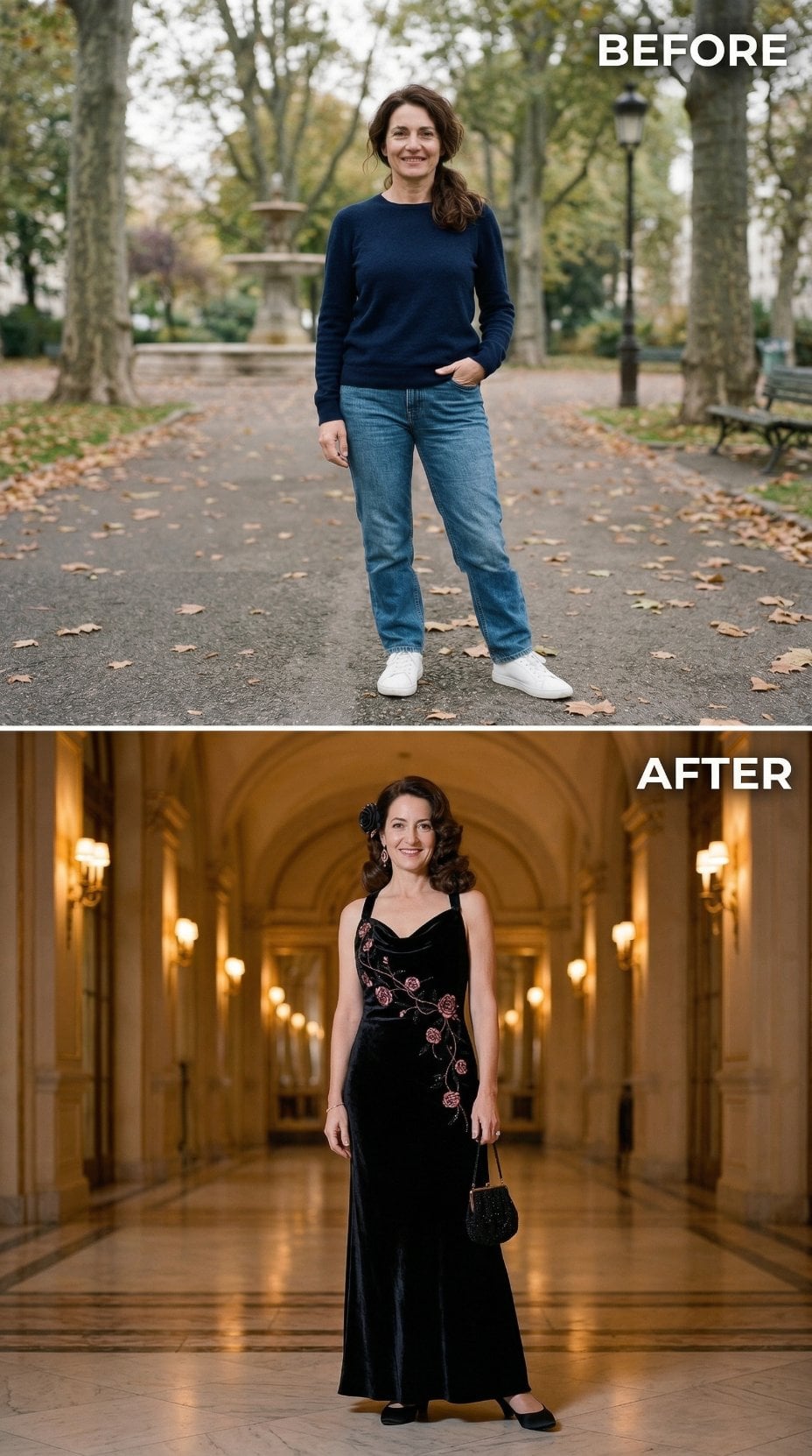 Black Velvet Gown With Rose Embroidery and Side-Swept Curls
